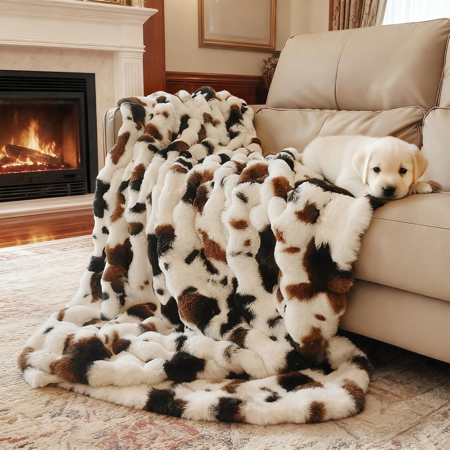 Cow Print Faux Fur Throw Blanket for Couch – 1000GSM Soft & Fluffy Cow Blanket for Bed, Sofa & Living Room, Warm Cozy Cow Gift for Women, 50x60 Inches Black to White Ombre with Brown Undertones