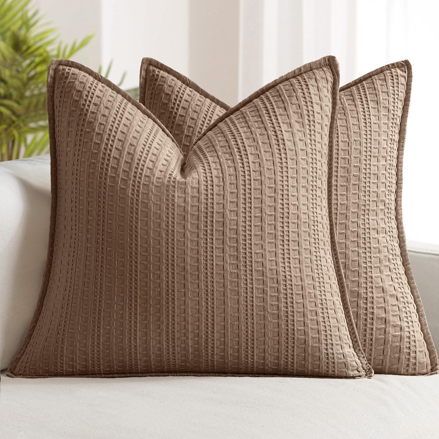 100% Cotton Waffle Pillow Shams Standard Size, 2 Pack 20x26 Decorative Pillow Covers for Bed Couch Sofa, Neutral Weave Cushion Cases Modern Farmhouse Home Decor, Oatmeal