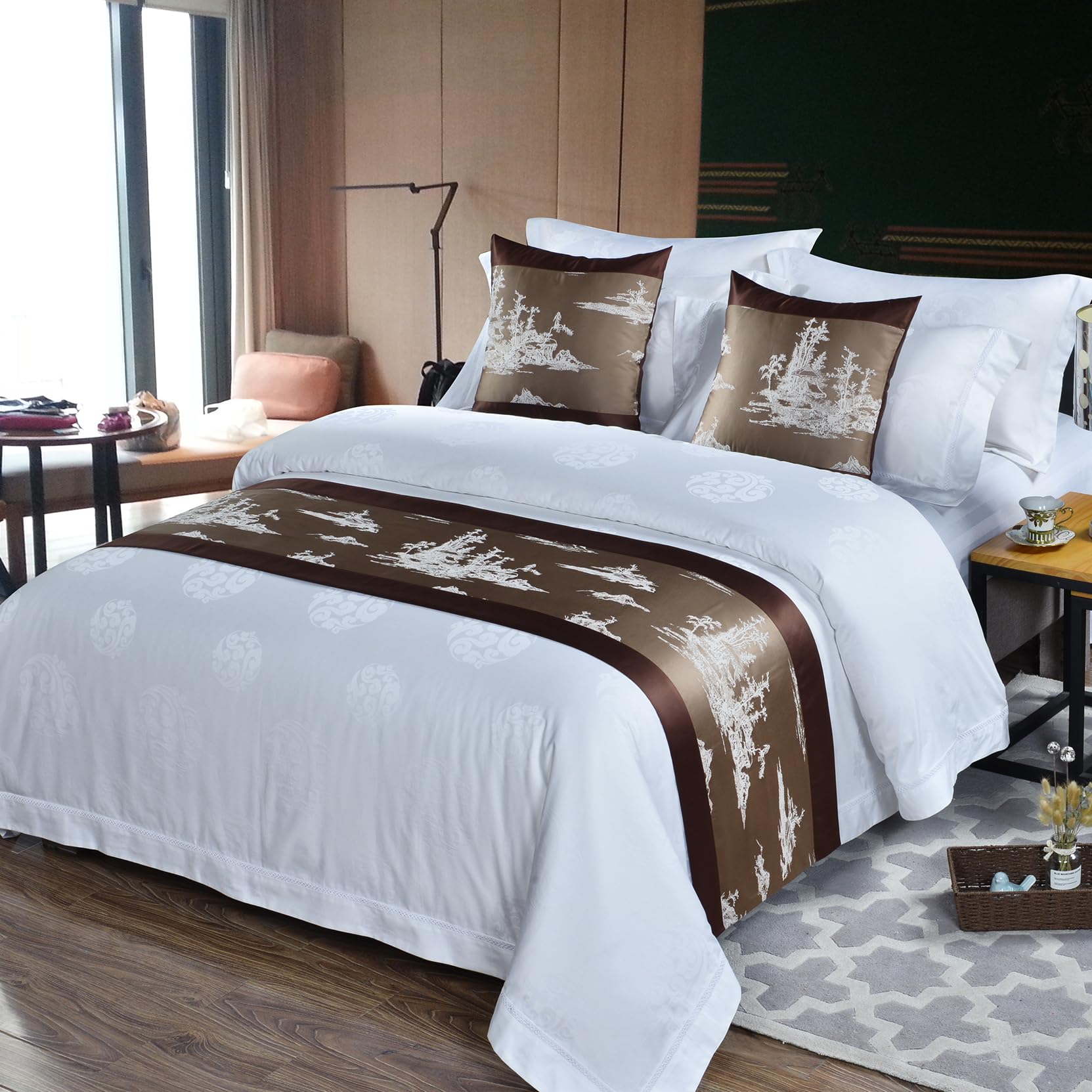 Chinese Style Bed Runner Scarf, Color Woven Jacquard Bedspreads Luxury Bedding Cover Decor for Hotel Wedding Room, Khaki Gold, 50 * 240cm for 1.8m Bed