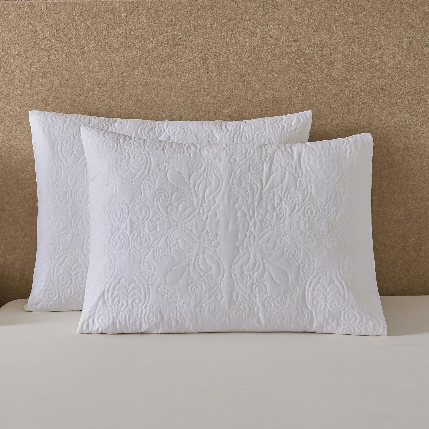 YINFUNG Quilted Pillow Shams Damask Medallion Ivory Standard Set of 2 Cream Embroidered Vintage Pillowcases Embossed Textured Cotton Pattern Bright White