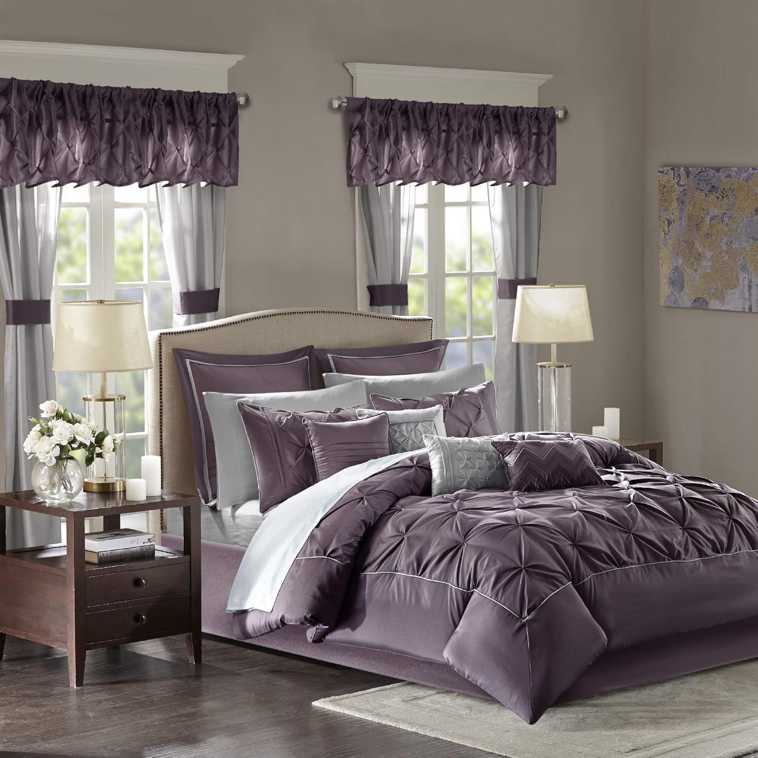 Madison Park Essentials Queen Comforter Set, 24 Piece Bedding With Matching Curtains, Decorative Pillows, Luxe Diamond Tufting , Room in a Bag Joella Collection, Plum Queen