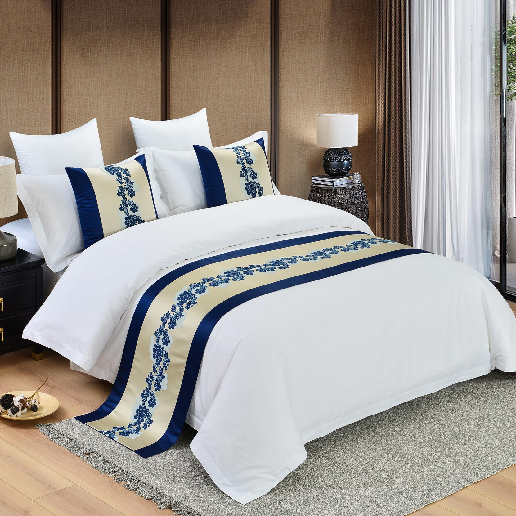 Chinese Style Bed Runner Scarf, Color Woven Jacquard Bedspreads Luxury Bedding Cover Decor for Hotel Wedding Room, Khaki Gold, 50 * 240cm for 1.8m Bed