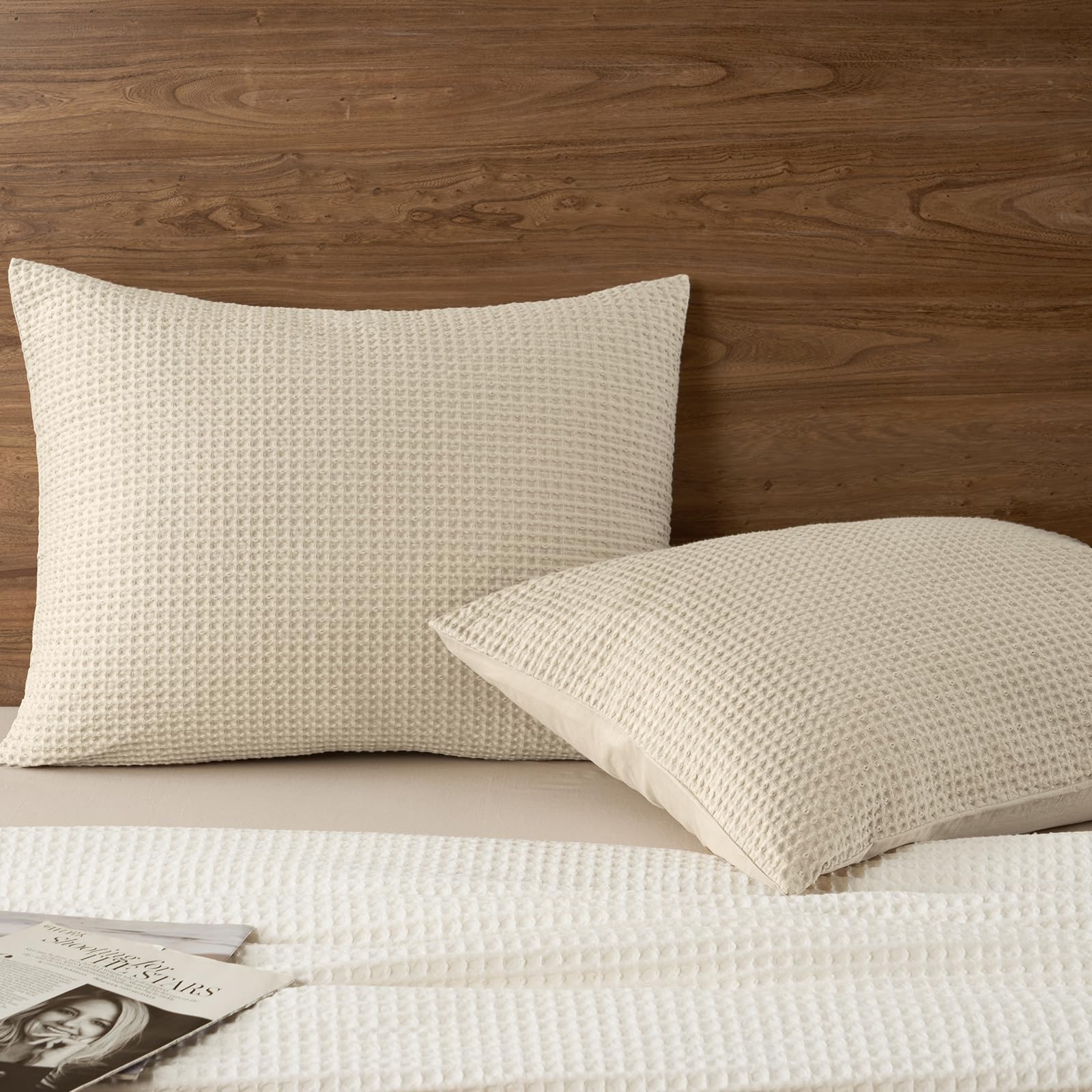 PHF 100% Cotton Waffle Pillow Shams Standard Size, 2 Pack 20" x 26" Soft Skin-Friendly and Breathable Pillowcases, No Filling, Aesthetic Woven Waffle Weave Pillow Covers for Bed, Dark Navy