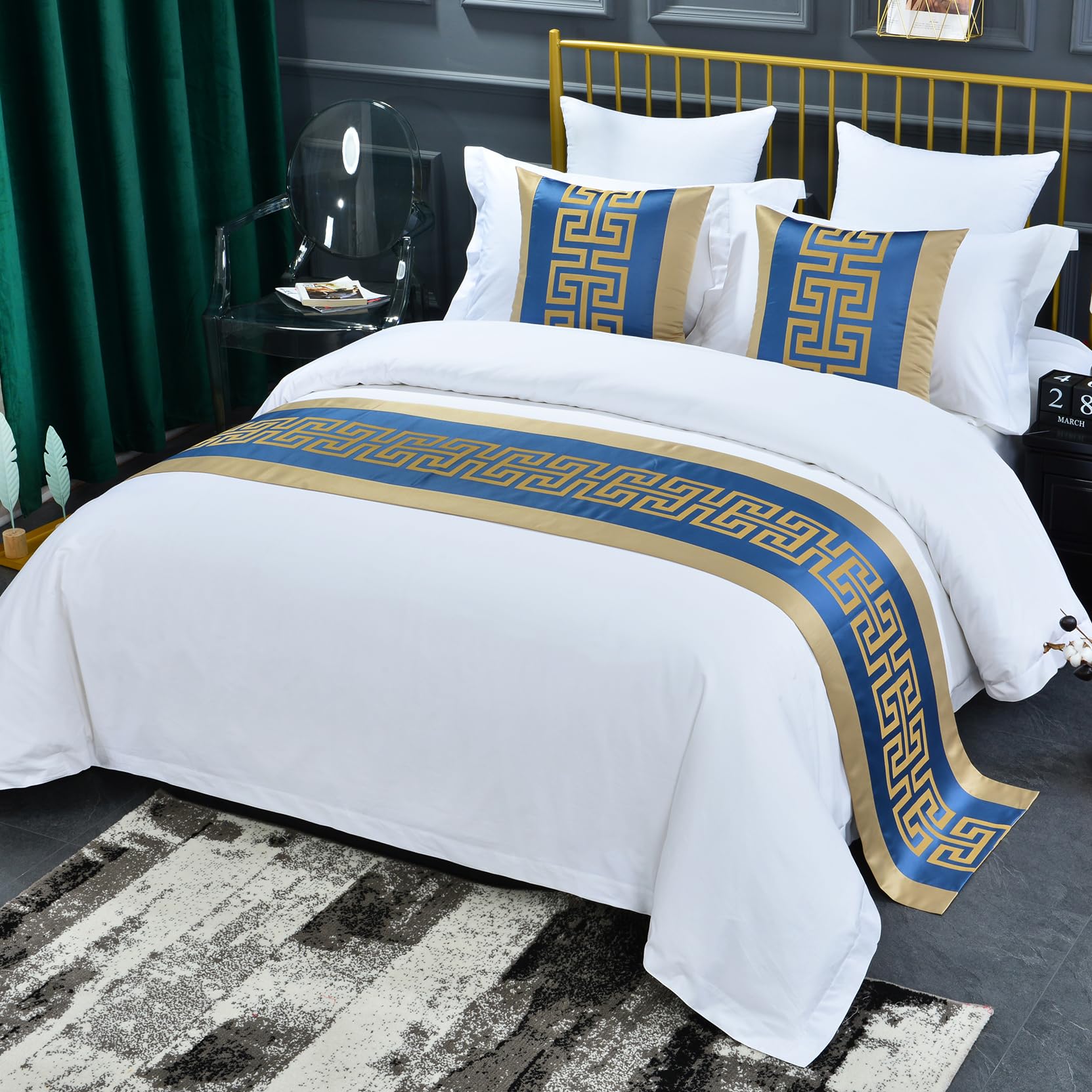 Chinese Style Bed Runner Scarf, Color Woven Jacquard Bedspreads Luxury Bedding Cover Decor for Hotel Wedding Room, Khaki Gold, 50 * 240cm for 1.8m Bed