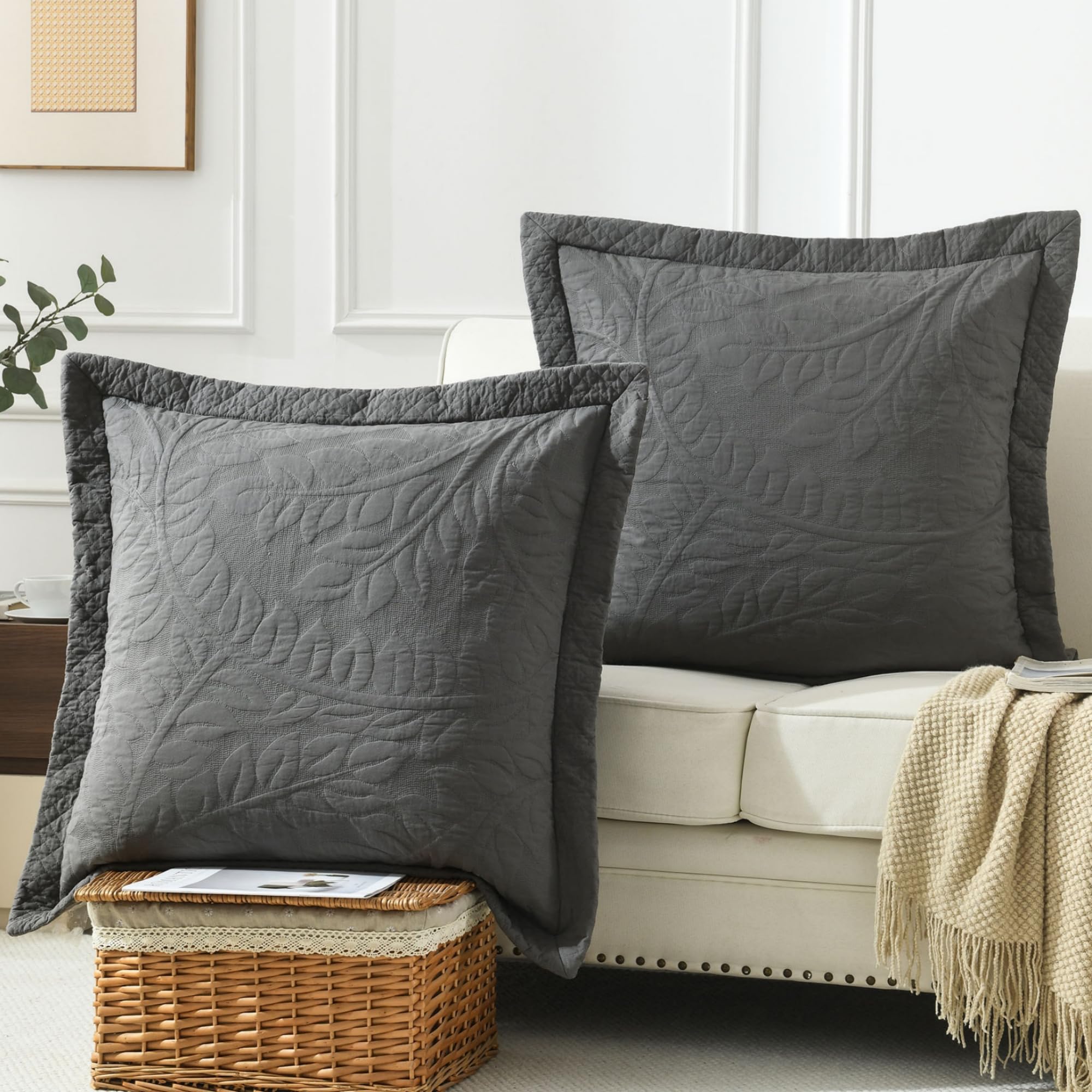 MarCielo 100% Cotton Embroidered Quilted Pillow Shams -Standard - Navy