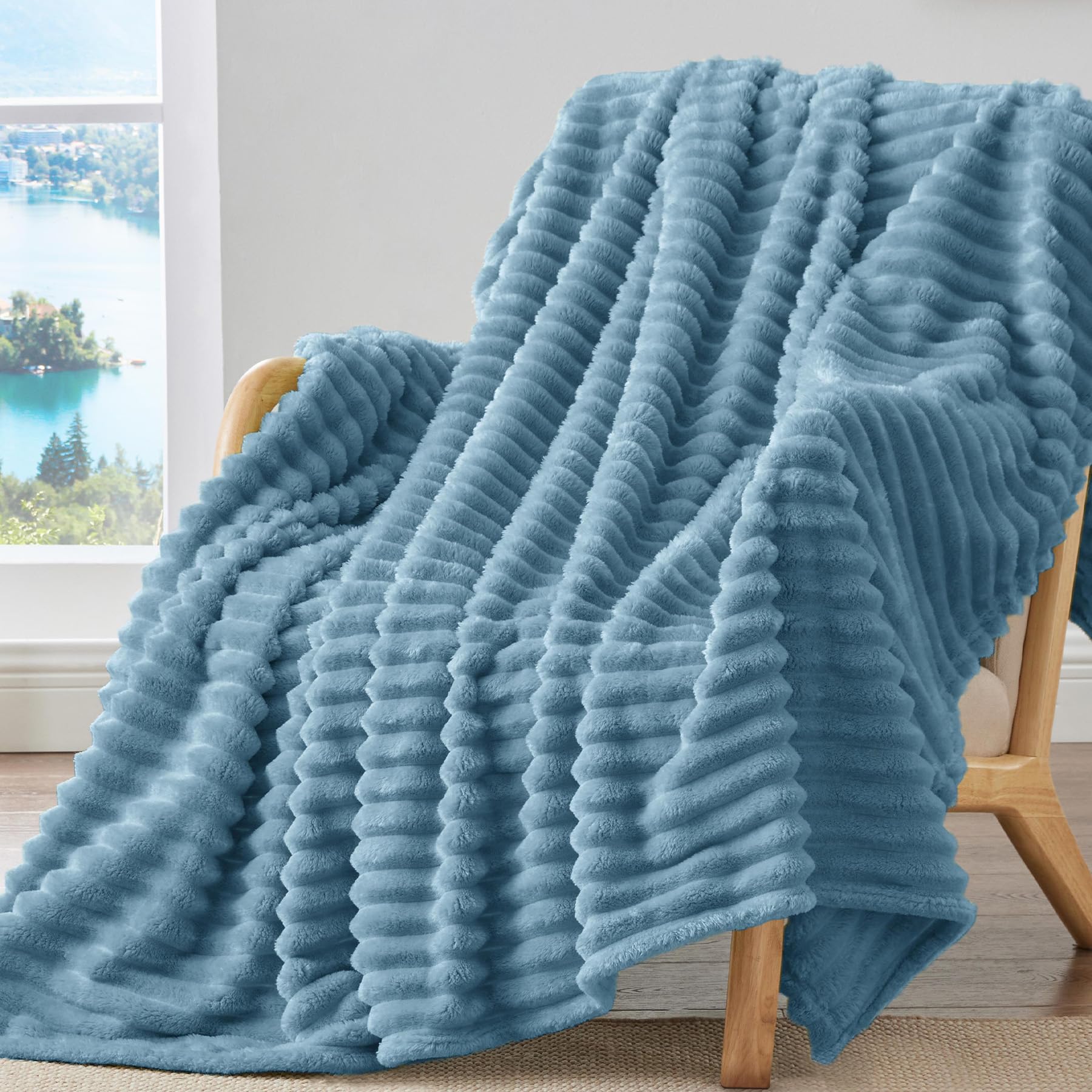 BEDELITE Fleece Throw Blanket for Couch - 300GSM Soft & Warm Fluffy Cream White Blanket, Decorative and Giftable Striped Blankets for Women, Men, 50"x60"