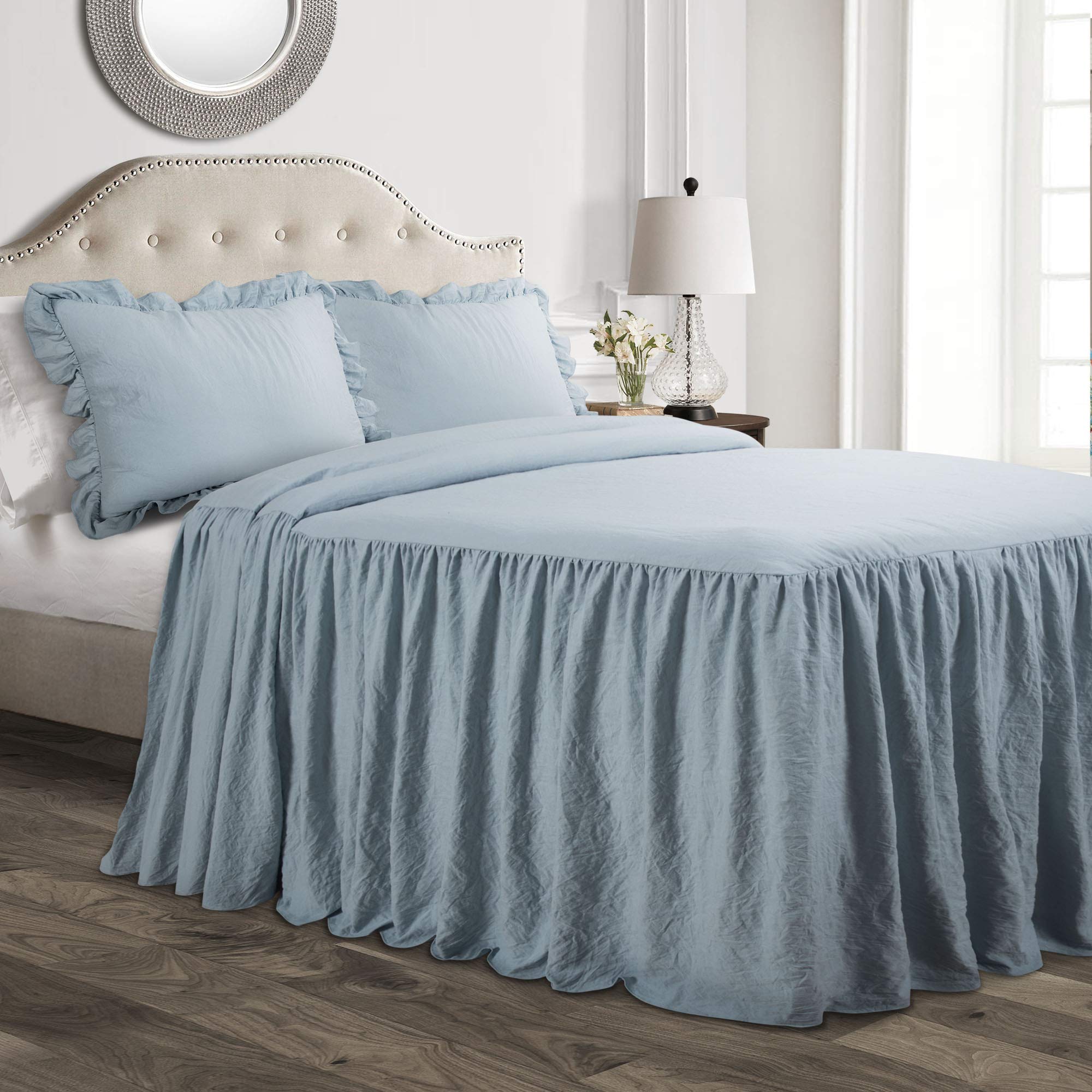 Lush Decor Ruffle Skirt Bedspread Set - 3-Piece Luxurious Farmhouse Bedding - Elegant Ruffle Detail - Timeless Style - Soft Lightweight Sheets - Queen, Sea Salt
