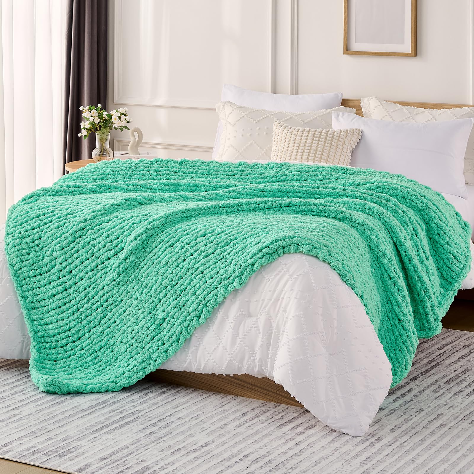 L'AGRATY Chunky Knit Blanket Throw,Soft Chenille Yarn Throw Blanket 50x60，Handmade Cable Knit Crochet Blanket,Large Knit Blankets Chunky Yarn,Rope Knot Throw Blanket for Couch Sofa Bed Home Decor
