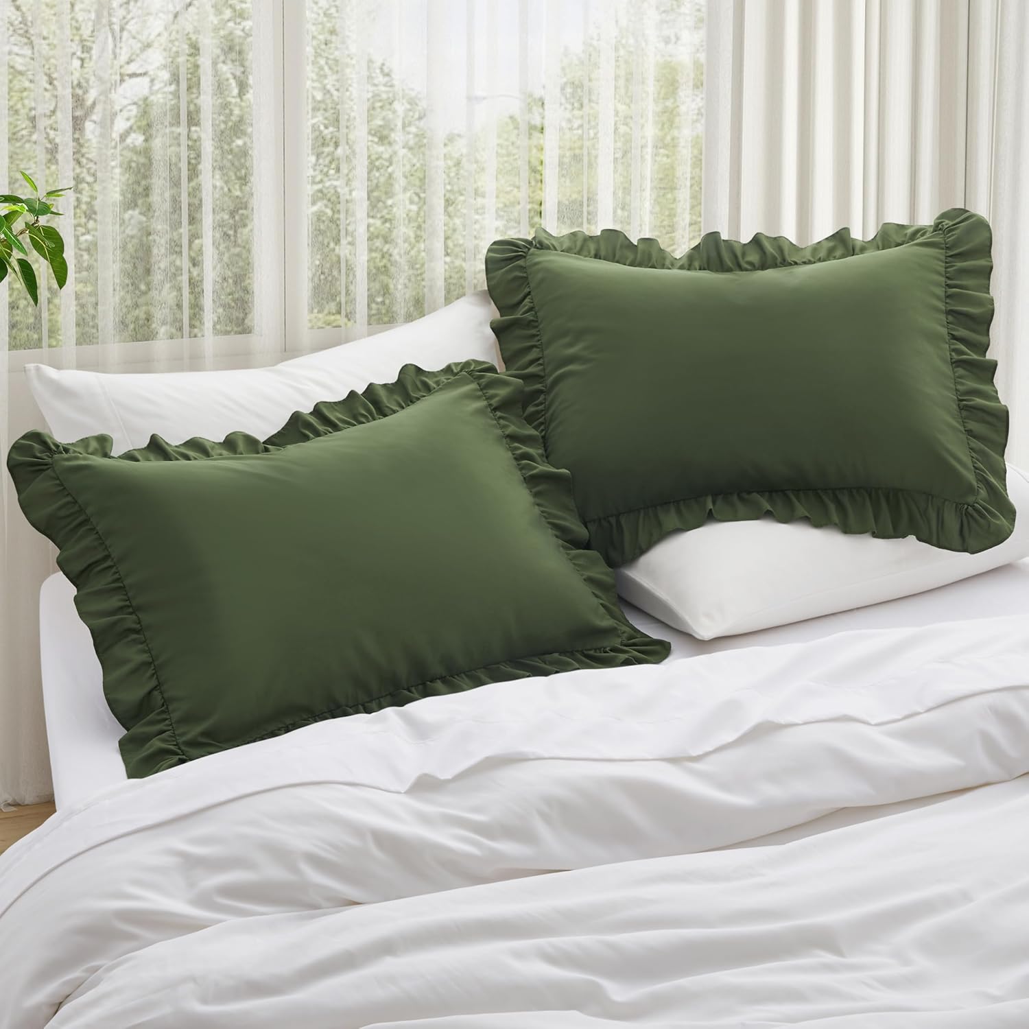 KKJIAF Ruffle Pillow Cases Standard Size Set of 2, Ruffled Pillow Covers with Envelope Closure, Wrinkle Resistant Pillowcases 20" x 26", Ruffled Pillow Shams, Olive Green