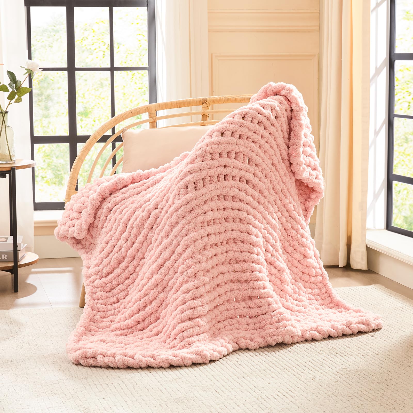 L'AGRATY Chunky Knit Blanket Throw,Soft Chenille Yarn Throw Blanket 50x60，Handmade Cable Knit Crochet Blanket,Large Knit Blankets Chunky Yarn,Rope Knot Throw Blanket for Couch Sofa Bed Home Decor