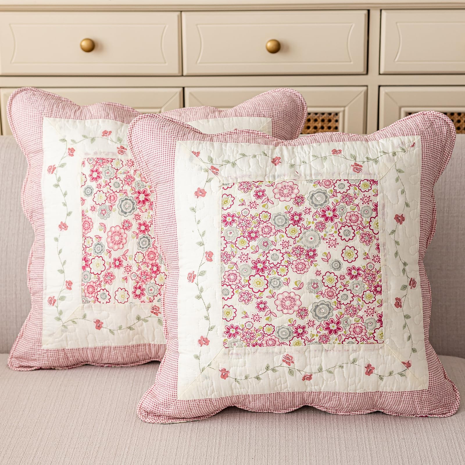 vctops Set of 2 Quilted 100% Cotton Boho Throw Pillow Covers 18" x 18" Farmhouse Country Floral Patchwork Decorative Cushion Cover, Patchwork Flower M