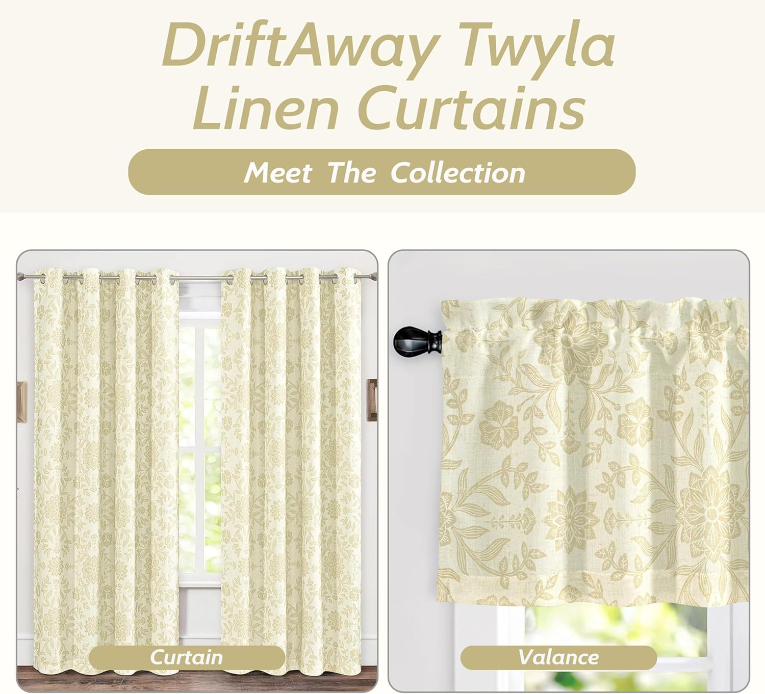 DriftAway Boho Linen Blend Kitchen Valance Curtain Blackout 18 Inch for Living Room Lined Rod Pocket Floral Farmhouse Country Short Curtains for Small Windows 1 Panel
