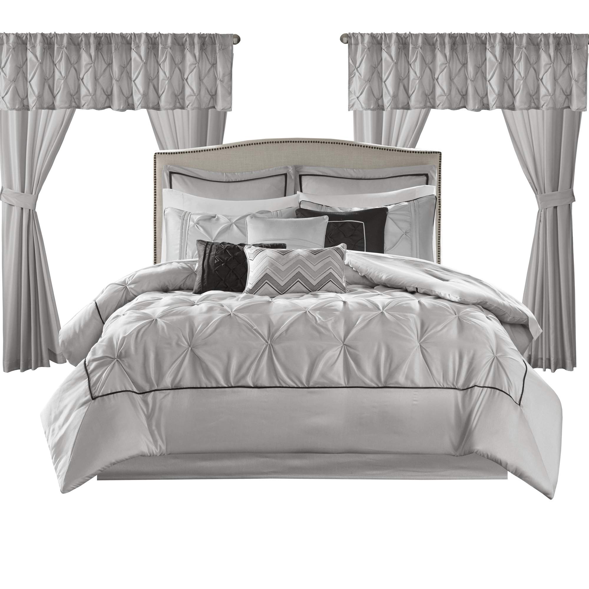 Madison Park Essentials Queen Comforter Set, 24 Piece Bedding With Matching Curtains, Decorative Pillows, Luxe Diamond Tufting , Room in a Bag Joella Collection, Plum Queen