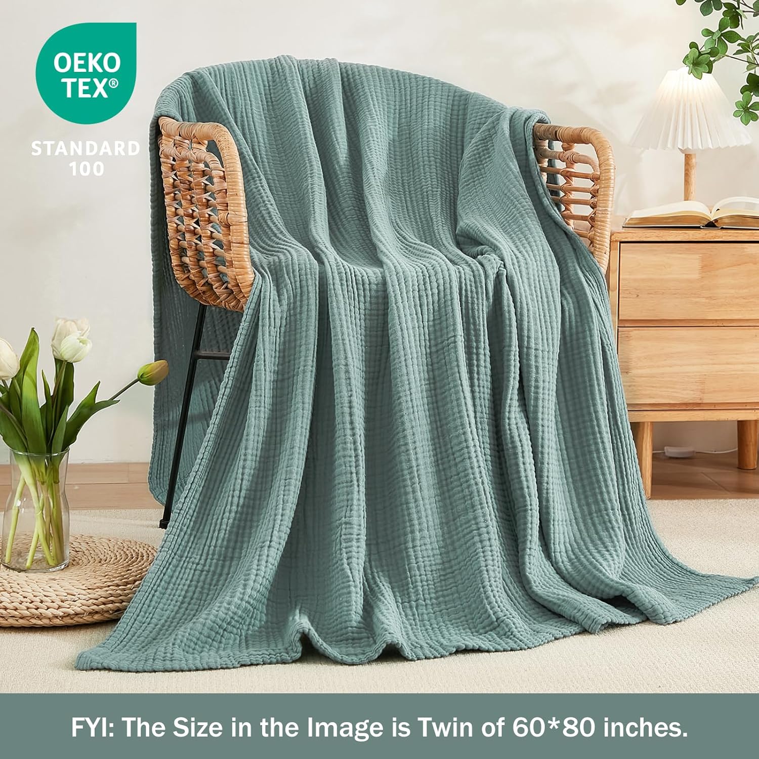 EMME Muslin Throw Blanket for Adults 100% Cotton Blankets for Couch 4-Layer Summer Breathable Gauze All Season Soft and Lightweight Pre-Washed (Teal, 50"x71")