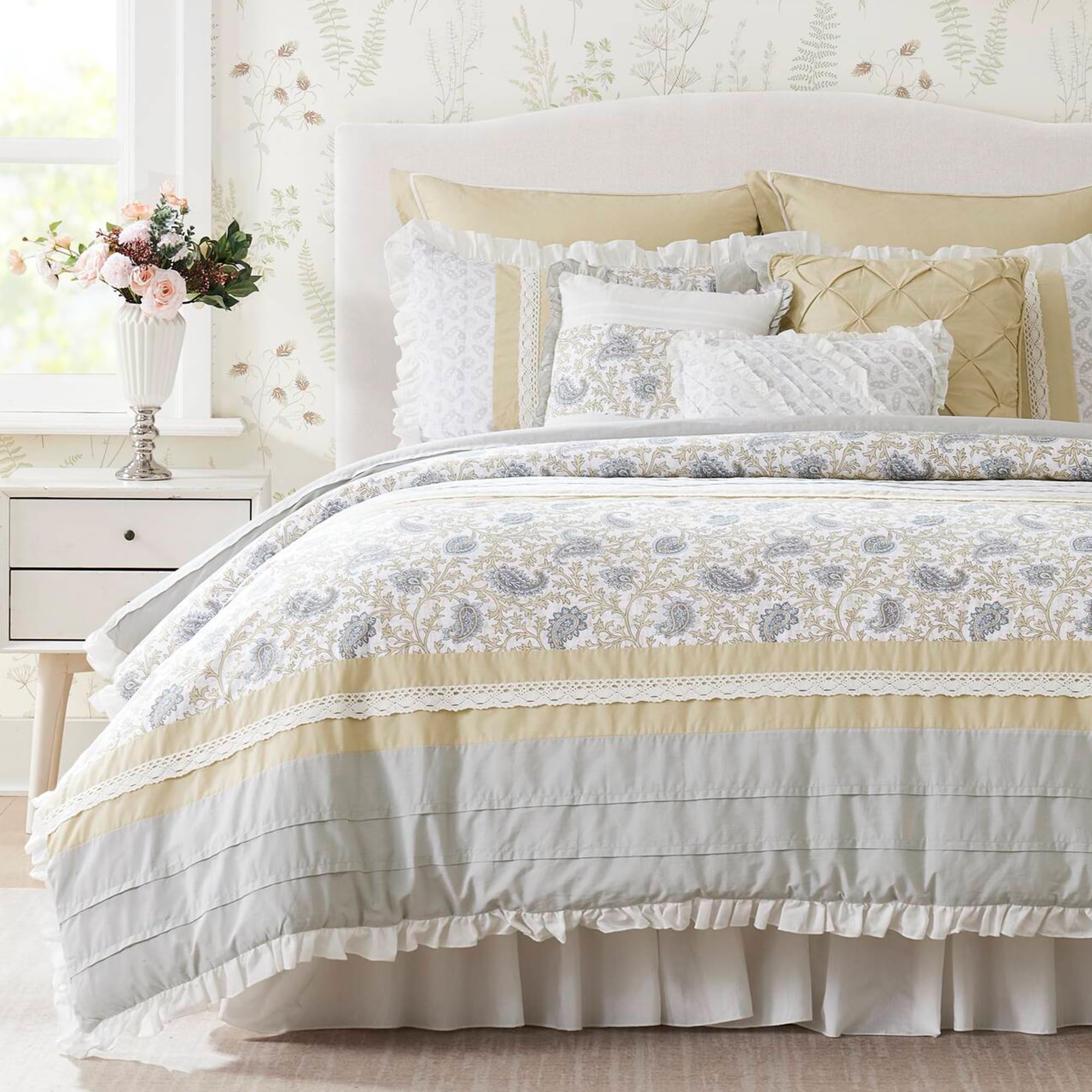Madison Park Dawn 100% Cotton Shabby Chic Comforter Set-Modern Cottage Design All Season Down Alternative Bedding, Matching Shams, Bedskirt, Decorative Pillows, Cal King(104"x92"), Blush 9 Piece