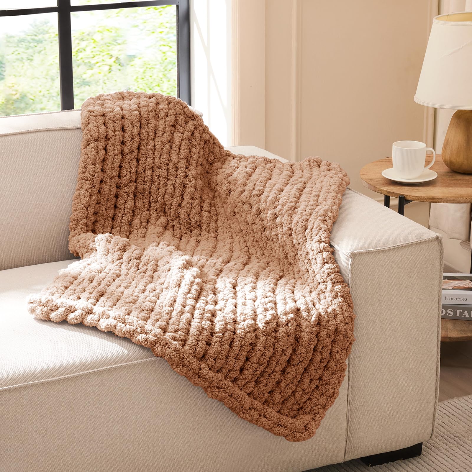 L'AGRATY Chunky Knit Blanket Throw,Soft Chenille Yarn Throw Blanket 50x60，Handmade Cable Knit Crochet Blanket,Large Knit Blankets Chunky Yarn,Rope Knot Throw Blanket for Couch Sofa Bed Home Decor