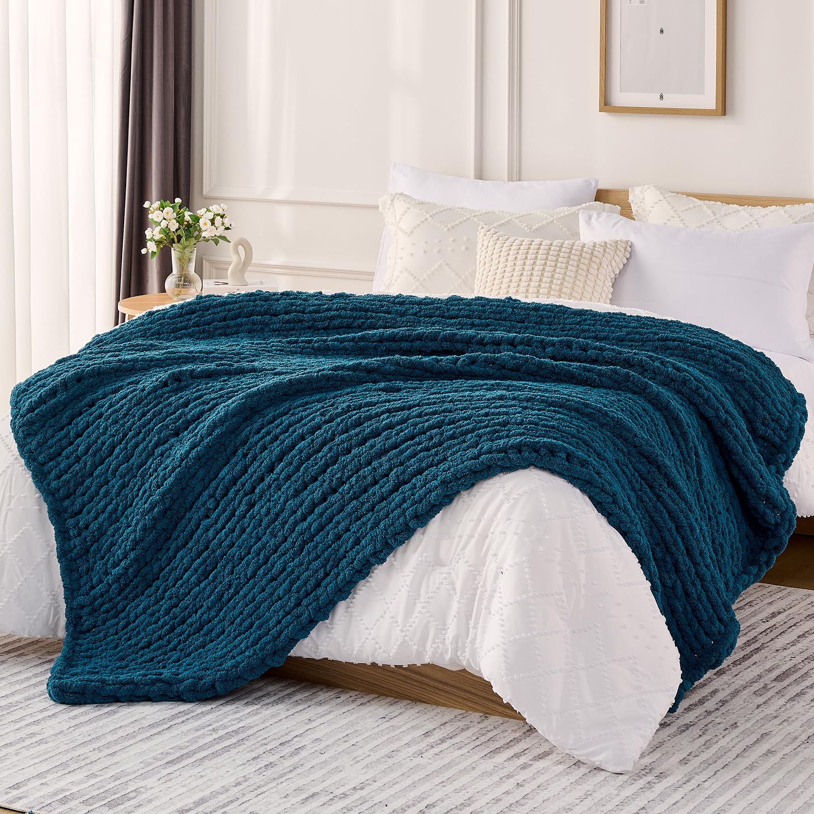 L'AGRATY Chunky Knit Blanket Throw,Soft Chenille Yarn Throw Blanket 50x60，Handmade Cable Knit Crochet Blanket,Large Knit Blankets Chunky Yarn,Rope Knot Throw Blanket for Couch Sofa Bed Home Decor