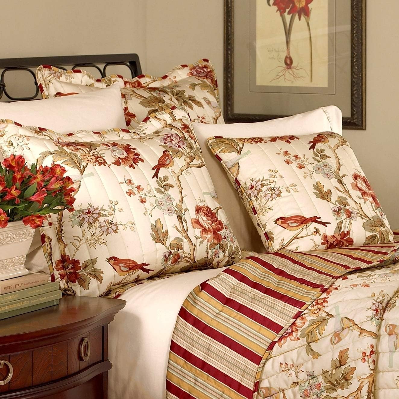 Waverly Charleston Chirp 4 Piece Quilt Set - 100% Cotton Light Weight Bedding with Bed Skirt & 2 Pillow Shams - Full/Queen Papaya
