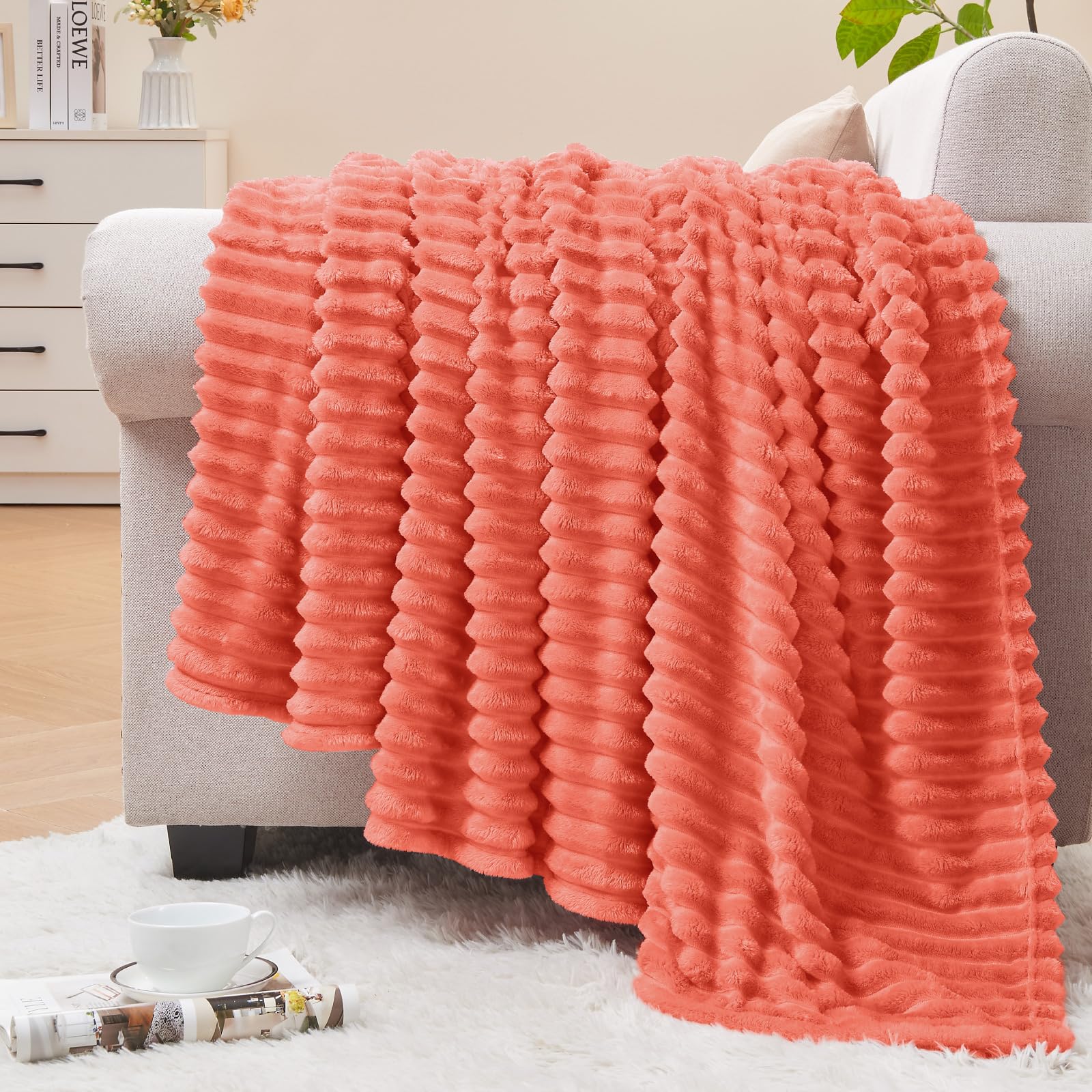 BEDELITE Fleece Throw Blanket for Couch – 3D Ribbed Jacquard Soft and Warm Decorative Fuzzy Blanket – Cozy, Fluffy, Plush Lightweight Pink Throw Blankets for Bed, Sofa, 50x60 inches