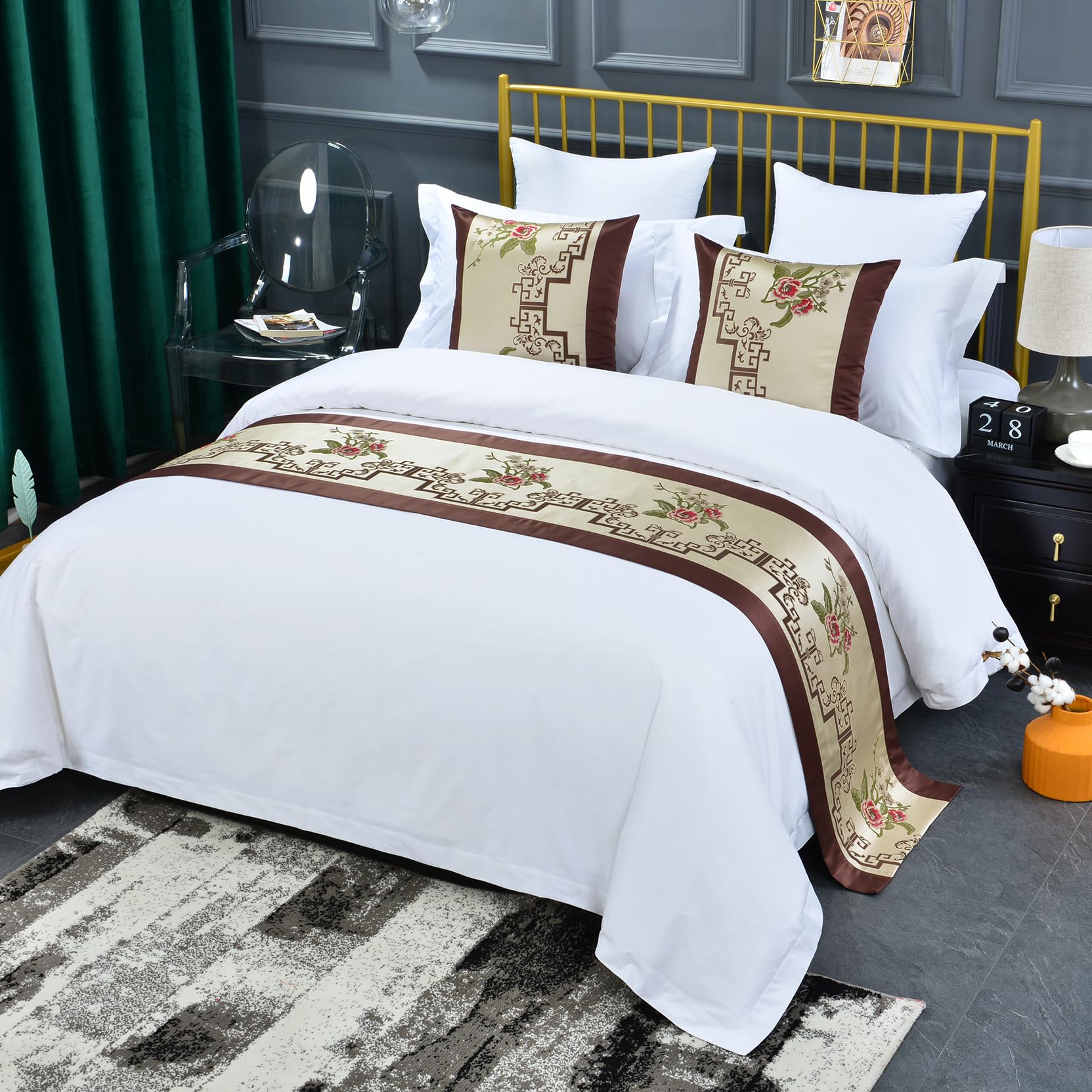 Chinese Style Bed Runner Scarf, Color Woven Jacquard Bedspreads Luxury Bedding Cover Decor for Hotel Wedding Room, Khaki Gold, 50 * 240cm for 1.8m Bed