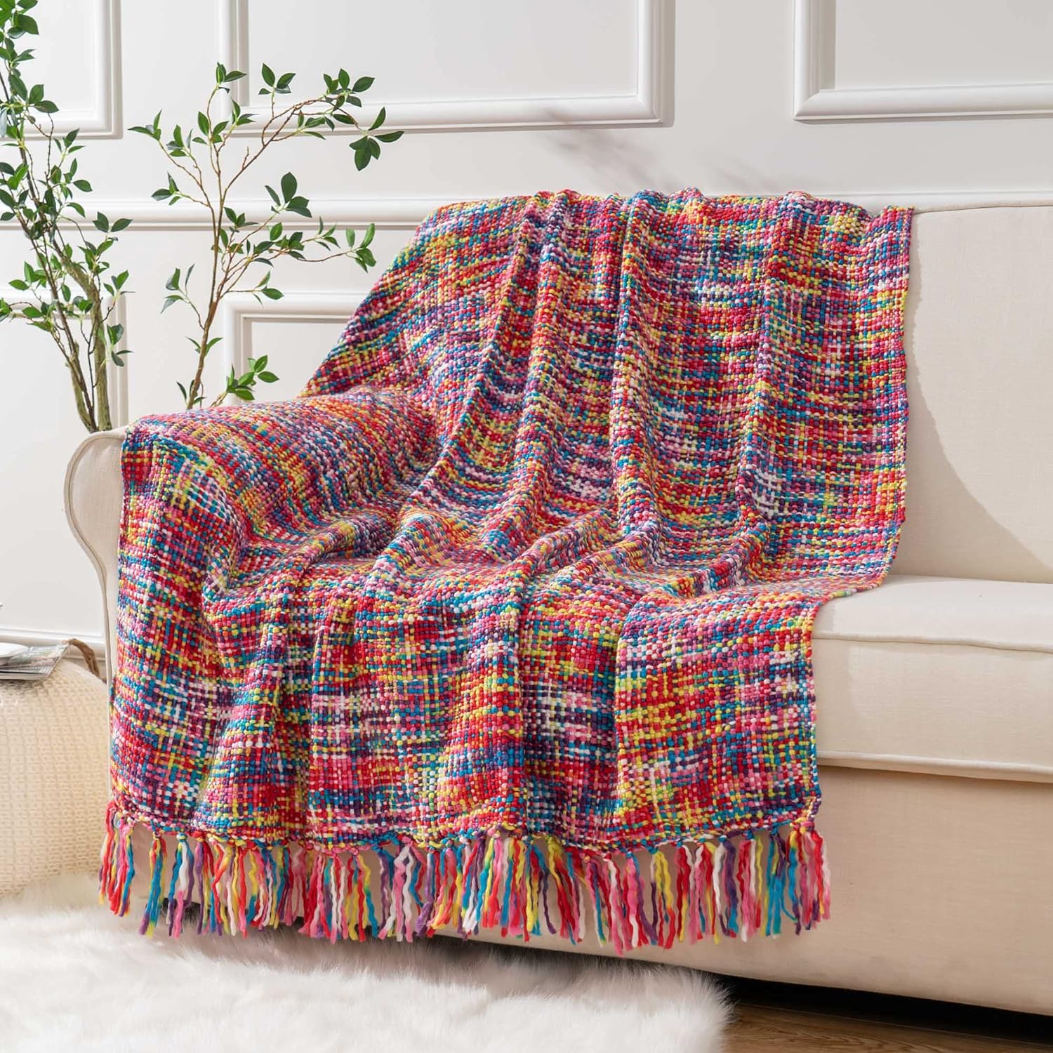 BATTILO HOME Multicolor Throw Blanket for Couch, Colorful Afghan Throw Blanket for Spring, Indoor Outdoor Throw for Home Decor, 50"x60"