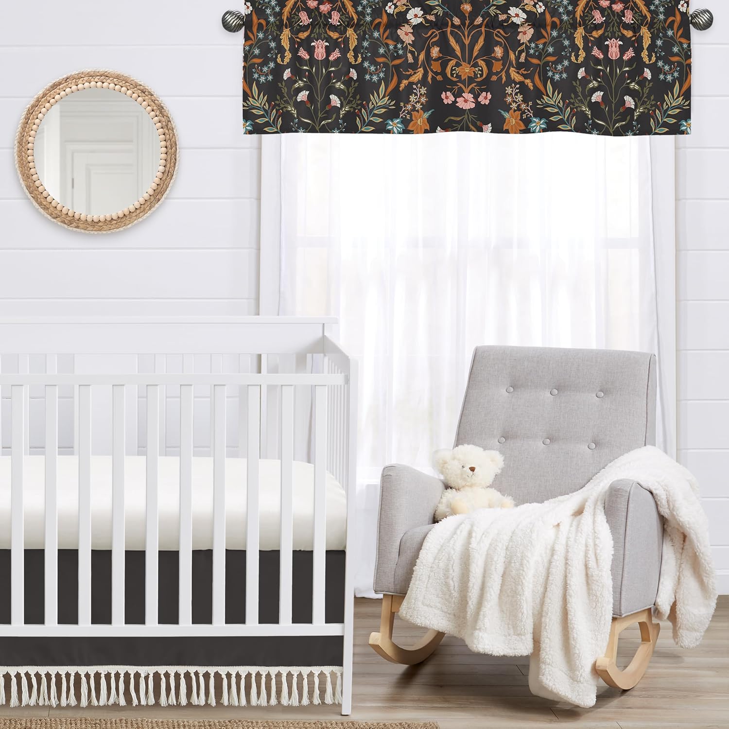 Sweet Jojo Designs Boho Wildflower Vintage Floral Girl Window Valance Curtain Treatment Baby Nursery Kids Room Kitchen Bathroom Bedroom Black Orange Teal Bohemian Farmhouse Daisy Botanical Cottagecore