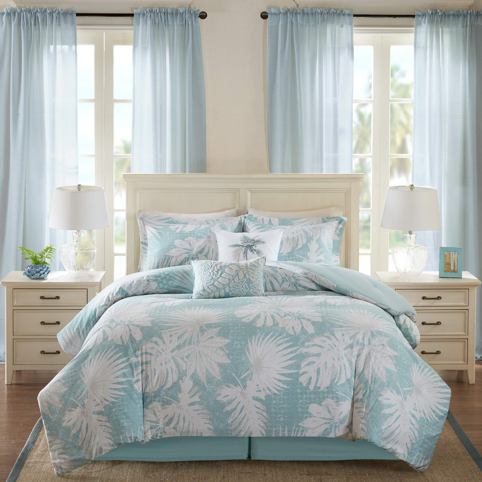 Harbor House Cozy Cotton Comforter Set - Coastal, All Season Down Alternative Casual Bedding with Matching Shams, Decorative Pillows, Lorelai, Monstera Leaf Green Queen(92"x96") 6 Piece