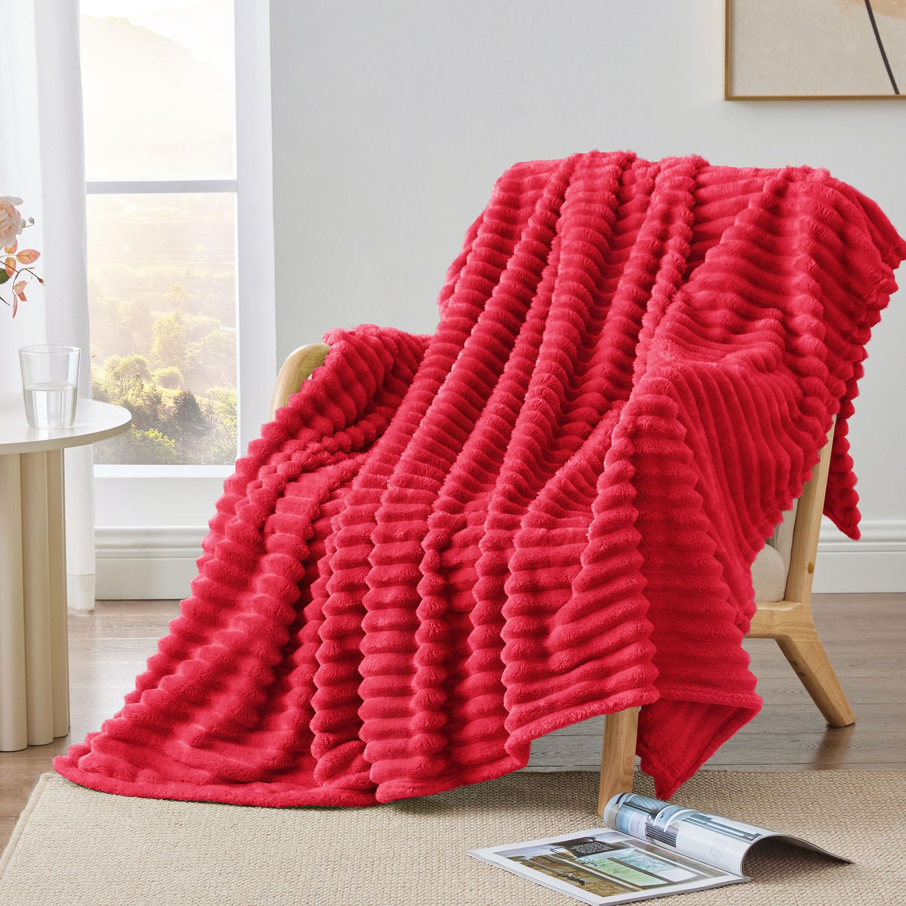BEDELITE Fleece Throw Blanket for Couch - 300GSM Soft & Warm Fluffy Cream White Blanket, Decorative and Giftable Striped Blankets for Women, Men, 50"x60"