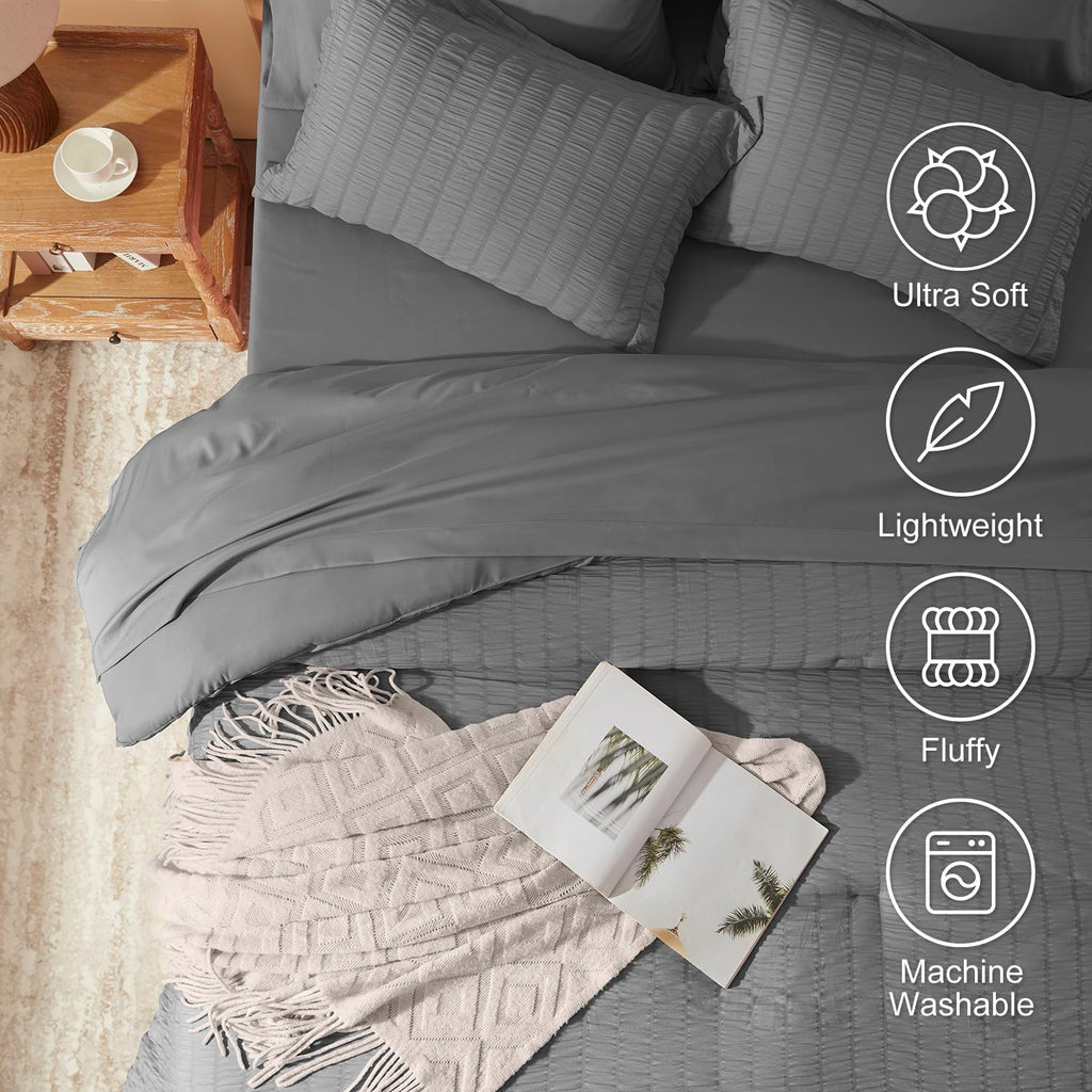 Laojin Balhen Full Size Comforter Set 8 Pieces, Seersucker Bed in a Bag Full, Dark Grey Comforter with Sheets, Comforters Full Size Bedding Sets with Comforter, Sheets, Pillowcase & Sham and Bed Skirt