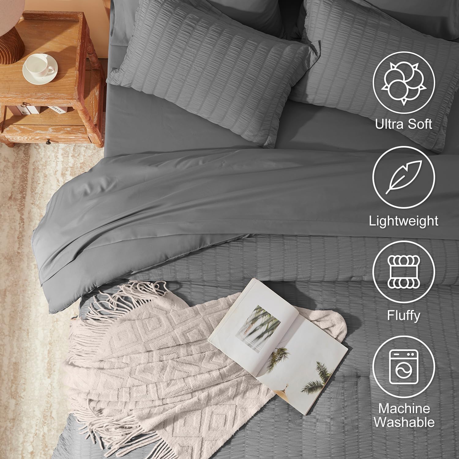 Laojin Balhen Full Size Comforter Set 8 Pieces, Seersucker Bed in a Bag Full, Dark Grey Comforter with Sheets, Comforters Full Size Bedding Sets with Comforter, Sheets, Pillowcase & Sham and Bed Skirt