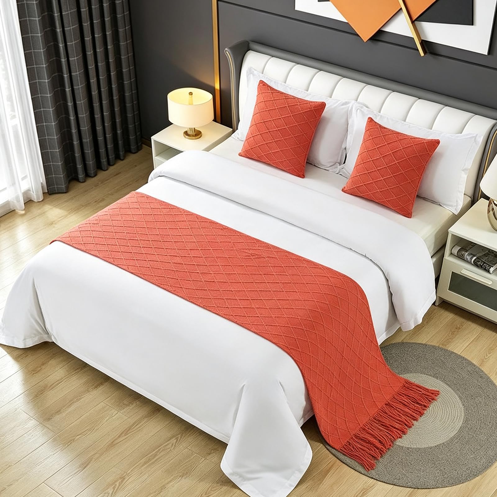 Geometry Bed Runners for King & Queen Size Bed Solid Beige Bed Scarf with Tassel Boho Knit Bed Runner Scarves Decorative for Bedroom Home Hotel (102 x 24 Inches, 1 Piece)