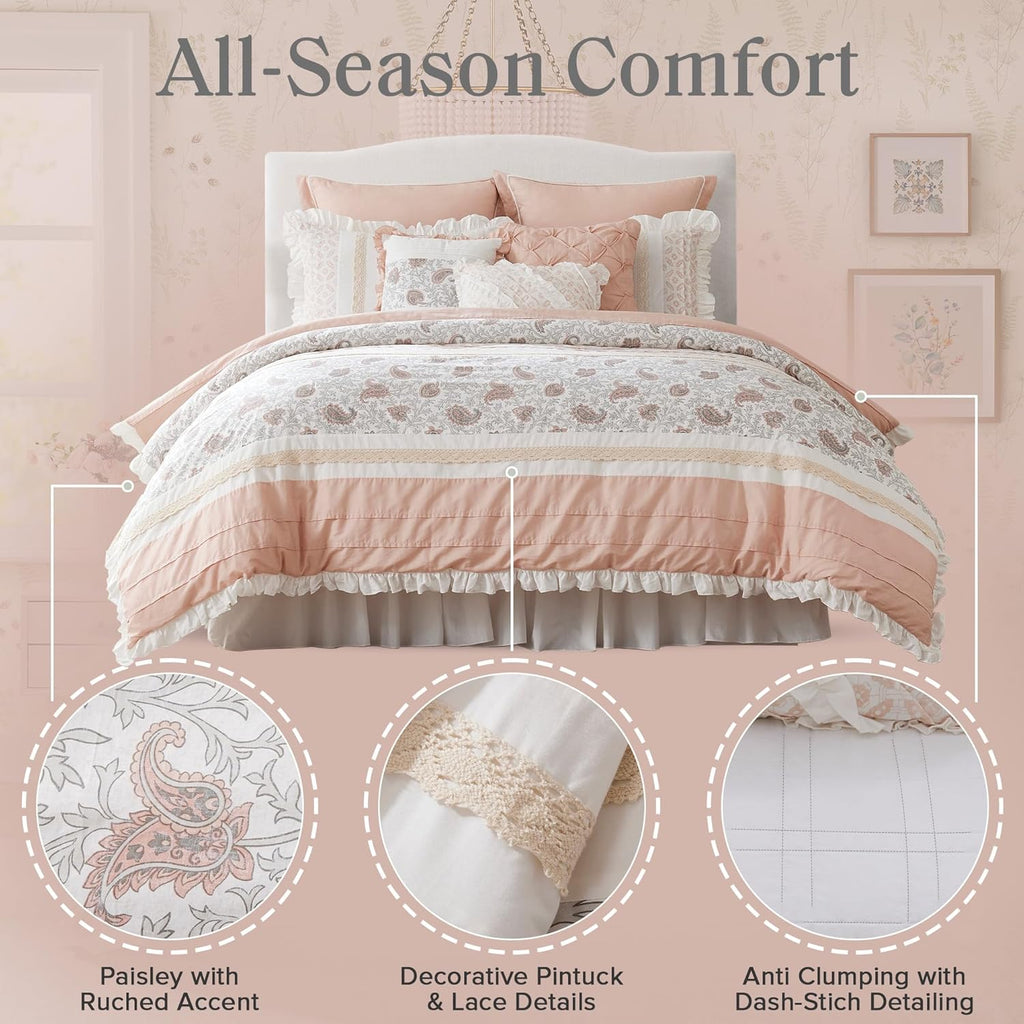 Madison Park Dawn 100% Cotton Shabby Chic Comforter Set-Modern Cottage Design All Season Down Alternative Bedding, Matching Shams, Bedskirt, Decorative Pillows, Cal King(104"x92"), Blush 9 Piece
