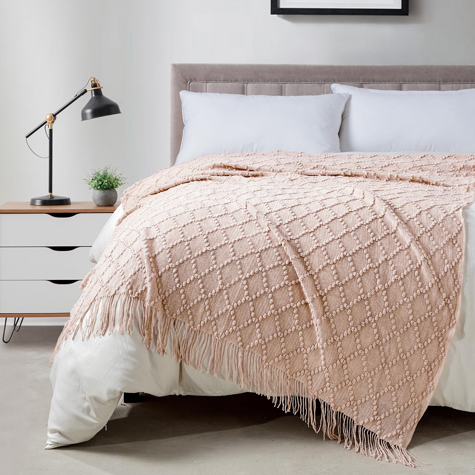 BOURINA Beige Throw Blanket 50x60 Inches Throw Textured Solid Soft Sofa Couch Decorative Knit Blanket