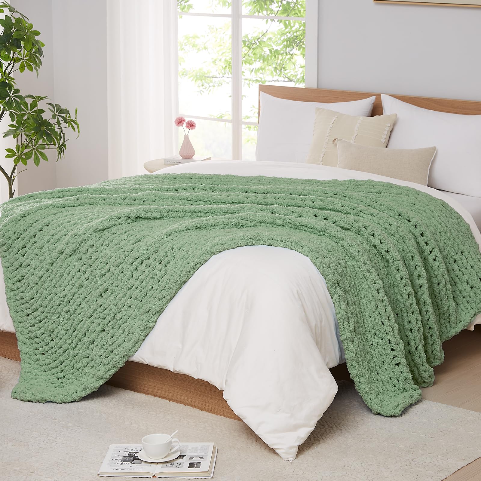 L'AGRATY Chunky Knit Blanket Throw,Soft Chenille Yarn Throw Blanket 50x60，Handmade Cable Knit Crochet Blanket,Large Knit Blankets Chunky Yarn,Rope Knot Throw Blanket for Couch Sofa Bed Home Decor