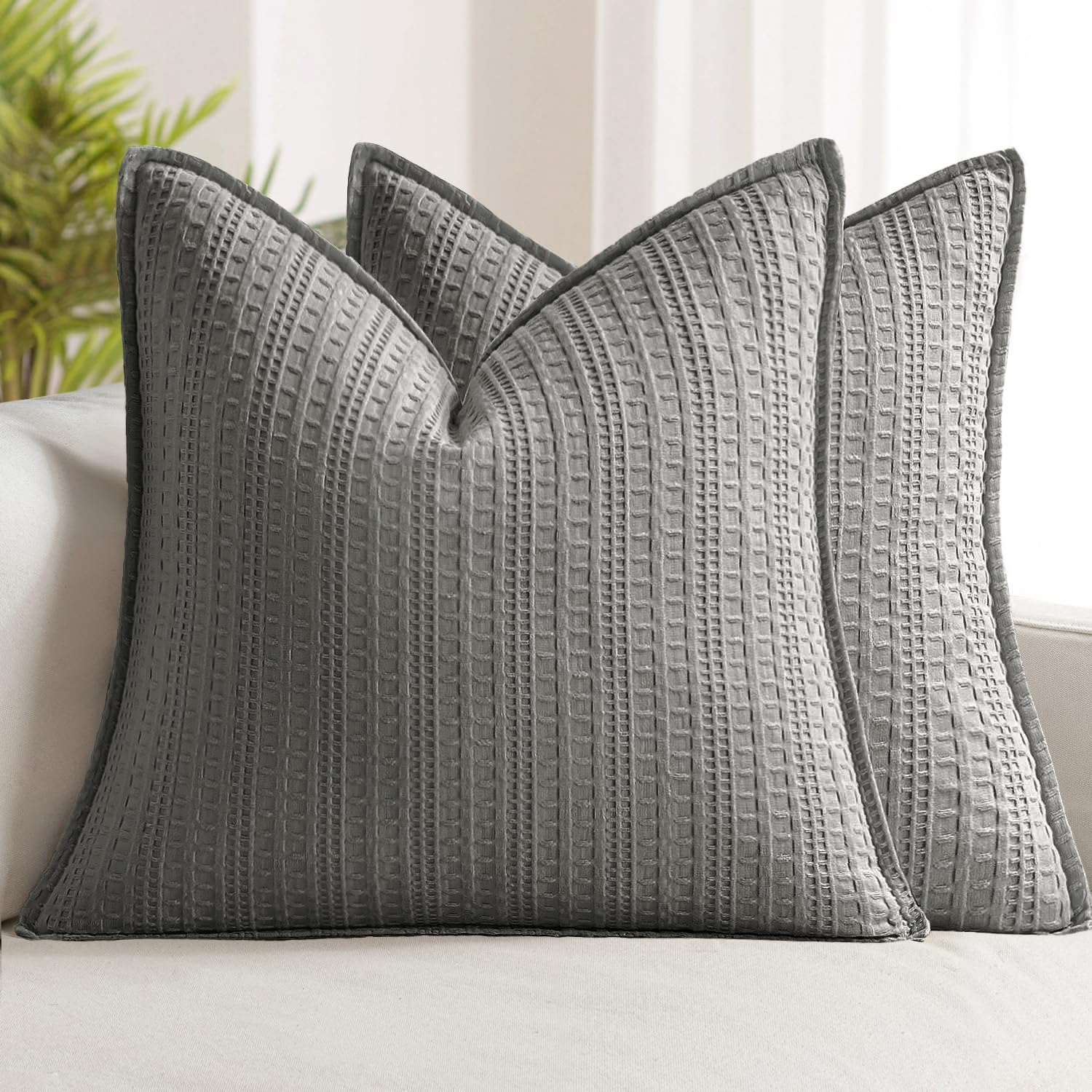 100% Cotton Waffle Pillow Shams Standard Size, 2 Pack 20x26 Decorative Pillow Covers for Bed Couch Sofa, Neutral Weave Cushion Cases Modern Farmhouse Home Decor, Oatmeal