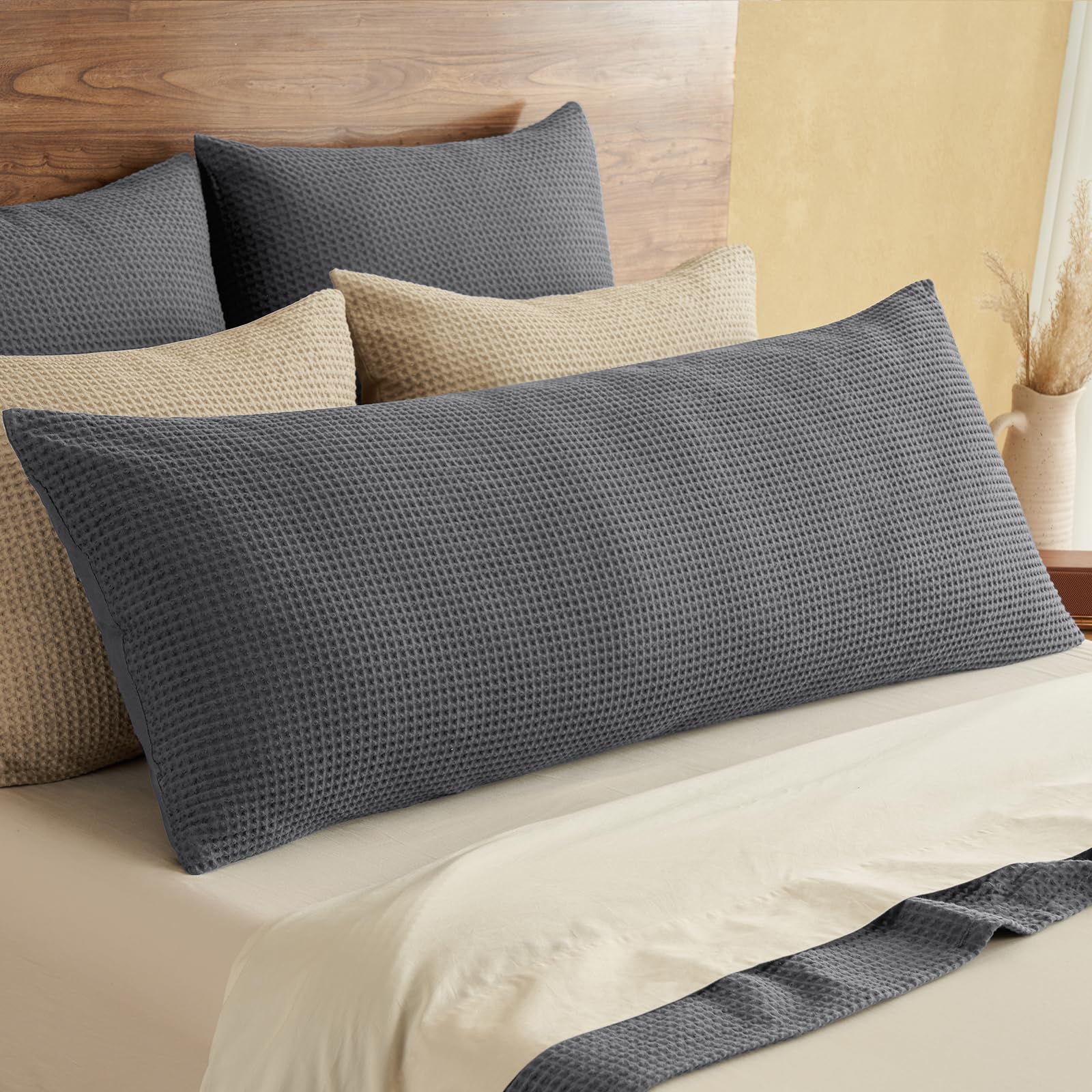 PHF 100% Cotton Waffle Pillow Shams Standard Size, 2 Pack 20" x 26" Soft Skin-Friendly and Breathable Pillowcases, No Filling, Aesthetic Woven Waffle Weave Pillow Covers for Bed, Dark Navy