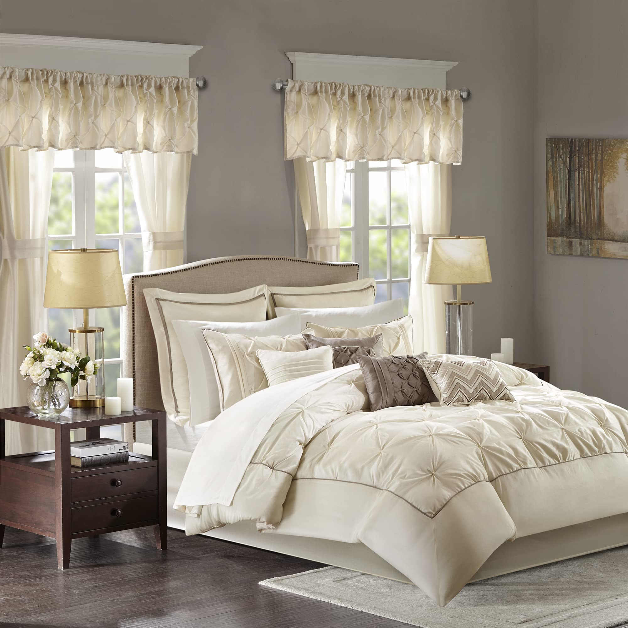 Madison Park Essentials Queen Comforter Set, 24 Piece Bedding With Matching Curtains, Decorative Pillows, Luxe Diamond Tufting , Room in a Bag Joella Collection, Plum Queen