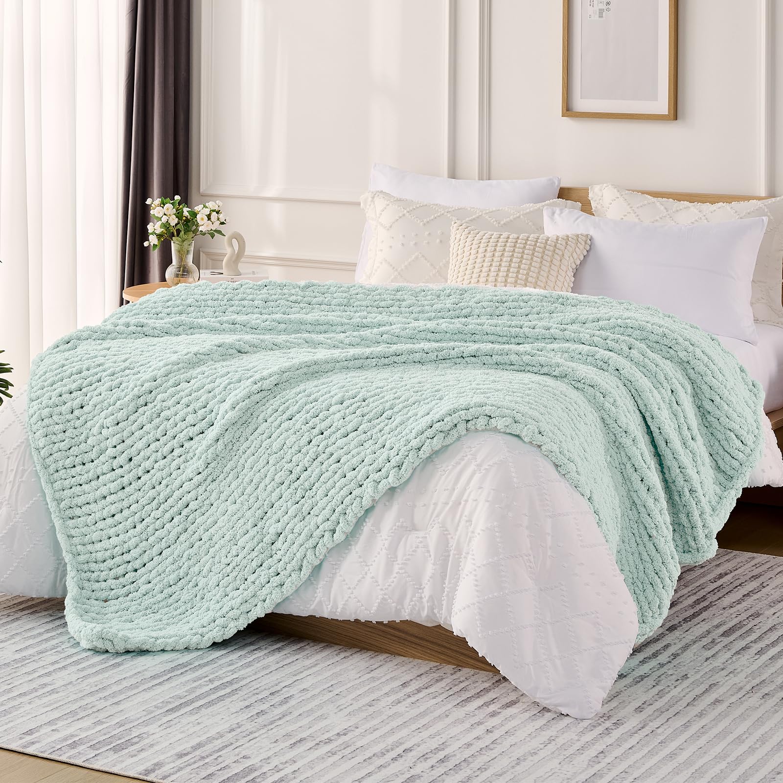 L'AGRATY Chunky Knit Blanket Throw,Soft Chenille Yarn Throw Blanket 50x60，Handmade Cable Knit Crochet Blanket,Large Knit Blankets Chunky Yarn,Rope Knot Throw Blanket for Couch Sofa Bed Home Decor