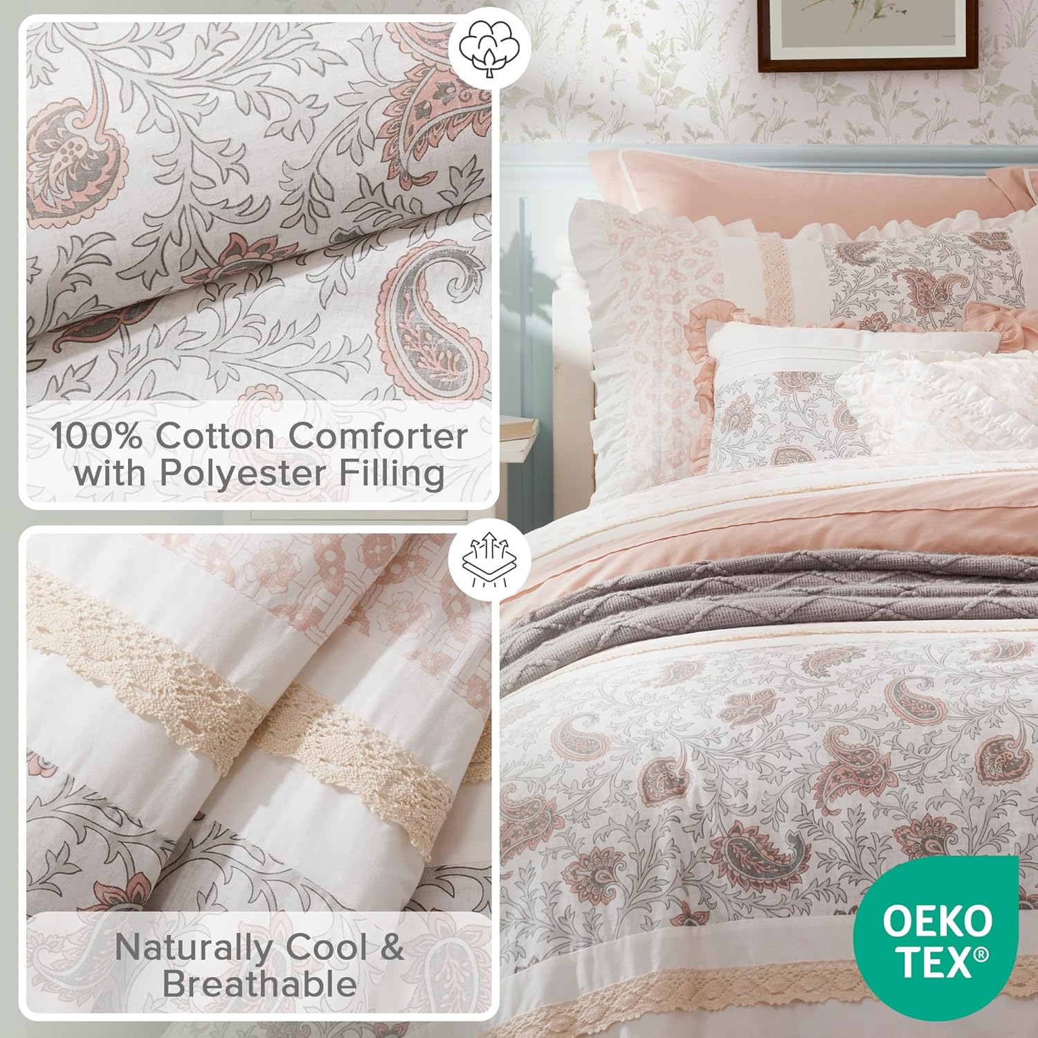 Madison Park Dawn 100% Cotton Shabby Chic Comforter Set-Modern Cottage Design All Season Down Alternative Bedding, Matching Shams, Bedskirt, Decorative Pillows, Cal King(104"x92"), Blush 9 Piece
