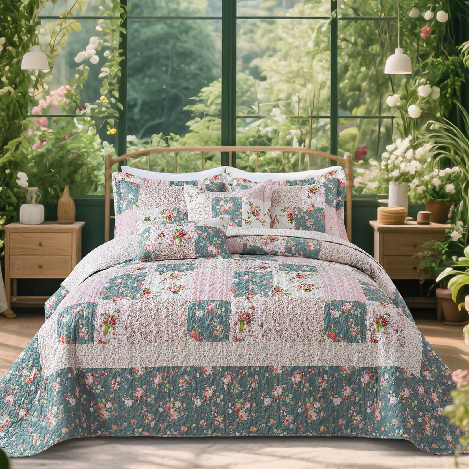 VAPUTAR Quilt King Bedding Set - Soft Cotton Quilts with Paisley Floral Pattern - Lightweight Reversible Bedspreads for Farmhouse (3 Pieces, Bright Teal)