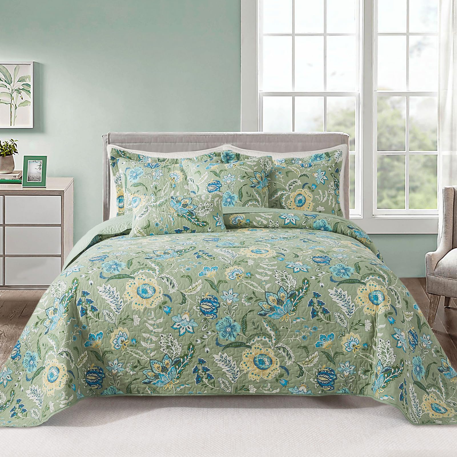 VAPUTAR Quilt King Bedding Set - Soft Cotton Quilts with Paisley Floral Pattern - Lightweight Reversible Bedspreads for Farmhouse (3 Pieces, Bright Teal)