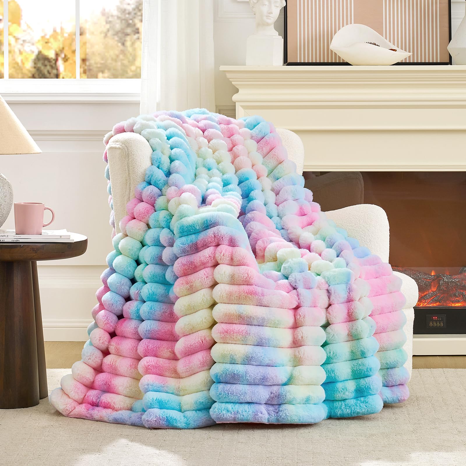Cozy Bliss Faux Fur Throw Blanket for Couch, Cozy Warm Plush Striped Blanket for Sofa Bedroom Living Room, 50 * 60 Inches Hot Pink