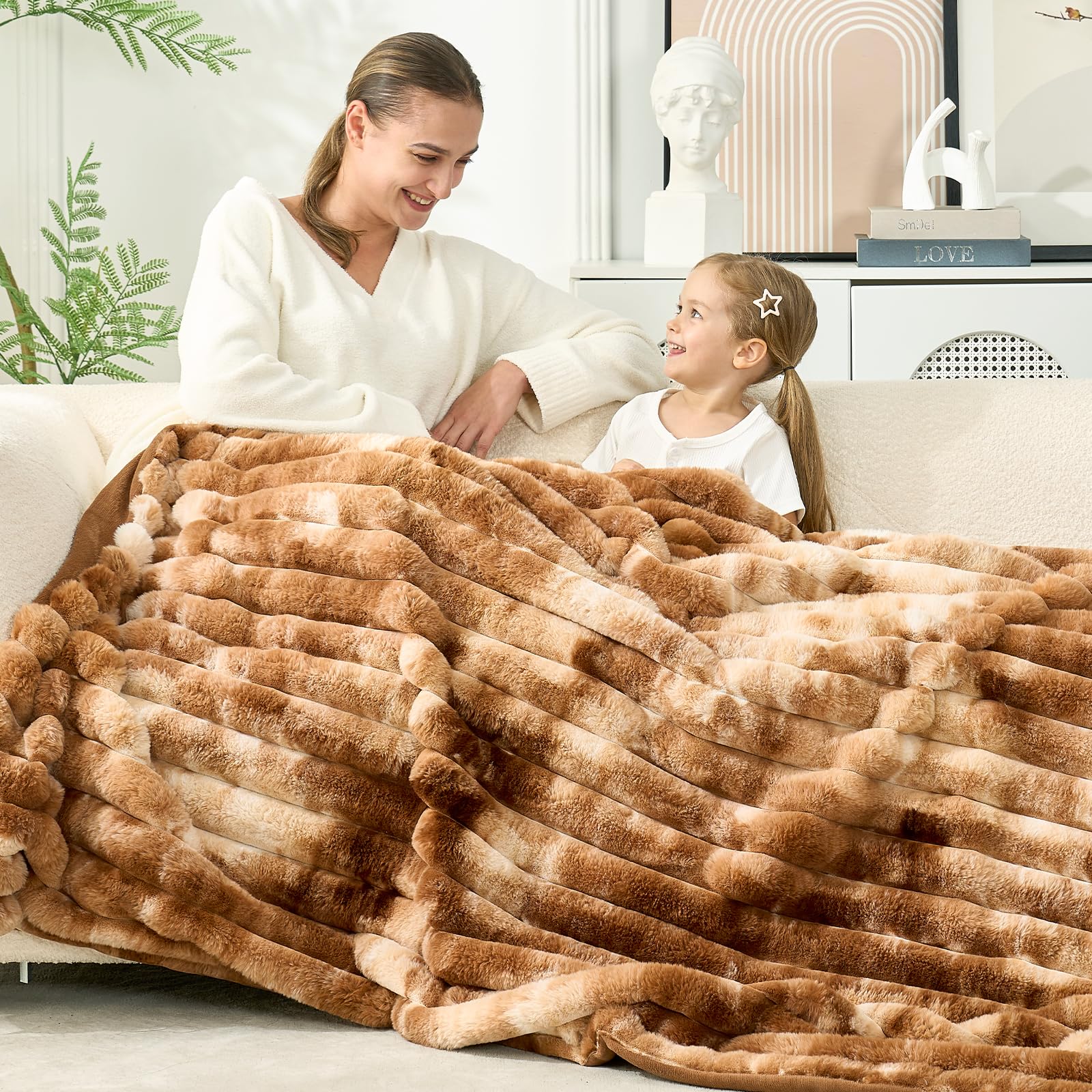 Cozy Bliss Faux Fur Throw Blanket for Couch, Cozy Warm Plush Striped Blanket for Sofa Bedroom Living Room, 50 * 60 Inches Hot Pink