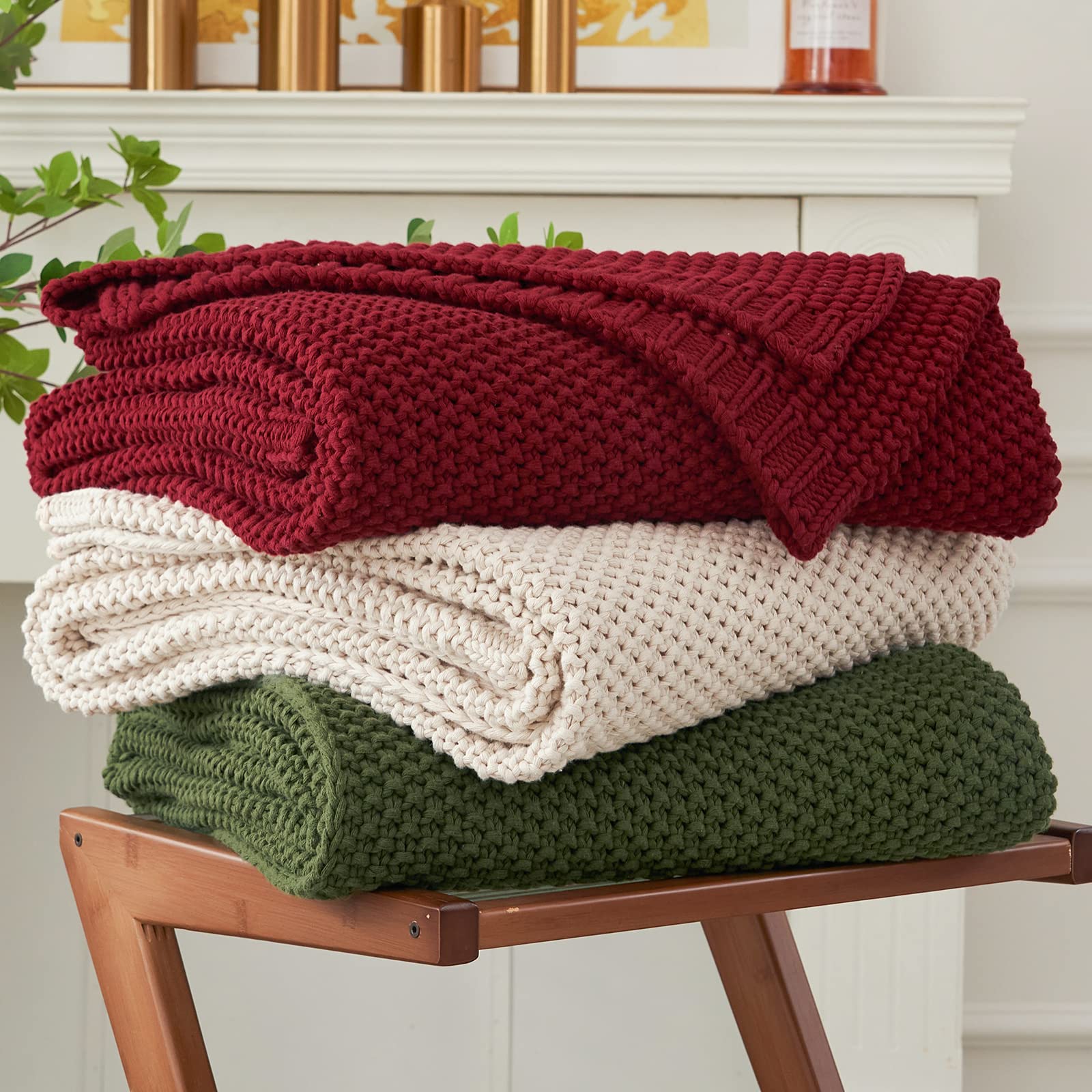 Longhui bedding Chunky Cable Knit Throw Blanket Lightweight Olive Green 100% Organic Cotton Blanket for Sofa Couch Bed Baby Nursery, Rustic Shabby Chic Modern Farmhouse, 51” x 63” Give Laundering Bag
