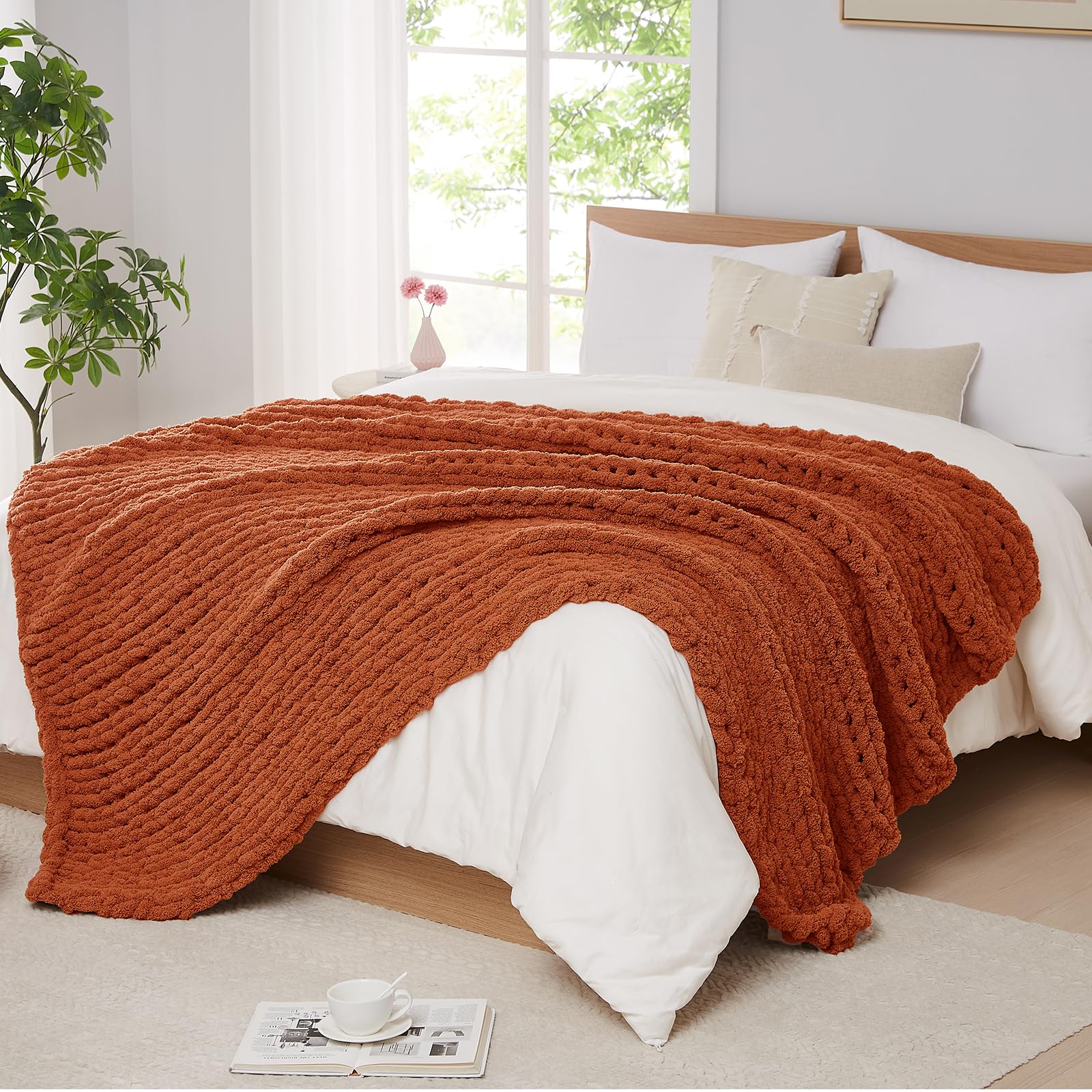 L'AGRATY Chunky Knit Blanket Throw,Soft Chenille Yarn Throw Blanket 50x60，Handmade Cable Knit Crochet Blanket,Large Knit Blankets Chunky Yarn,Rope Knot Throw Blanket for Couch Sofa Bed Home Decor