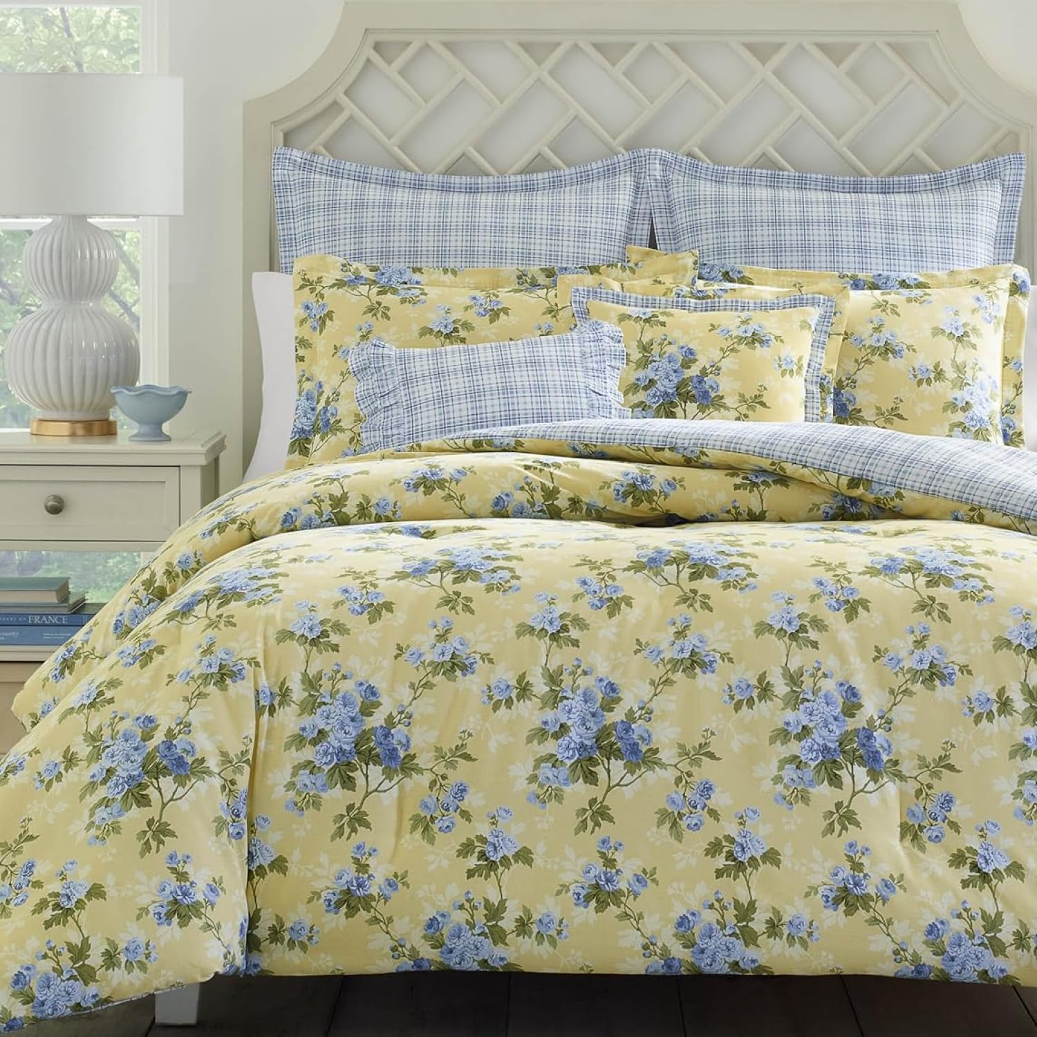 Laura Ashley- King Comforter Set, Cotton Reversible Bedding Set, Includes Matching Shams with Bonus Euro Shams & Throw Pillow Covers (Branch Toile Blue, King)