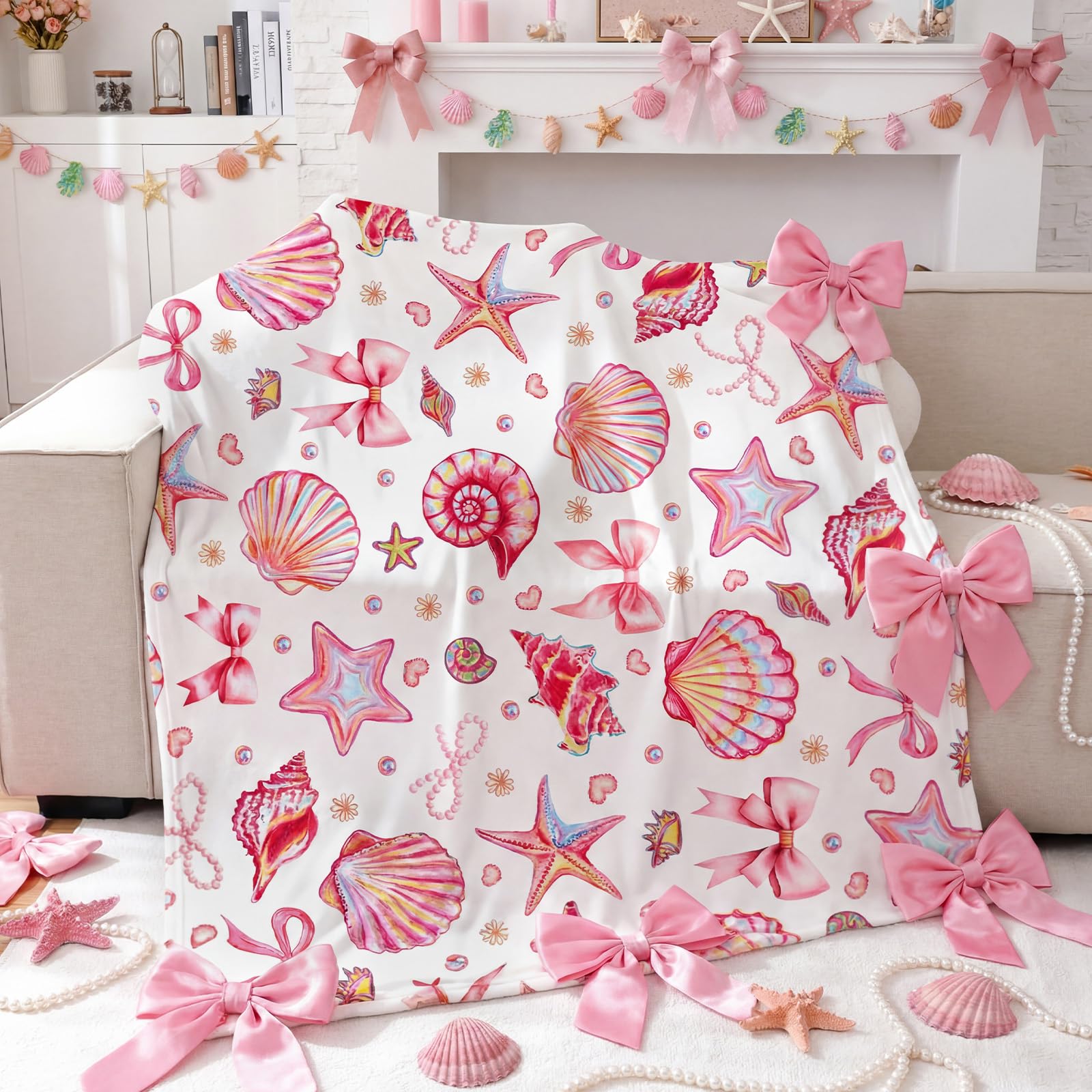 Breling Coastal Ocean Beach Throw Flannel Blanket Blue Seashells Cozy Fuzzy Warm Sea Ocean Throw Blanket Nautical Gift for Couch Sofa Bed Home Decor 60"x50"