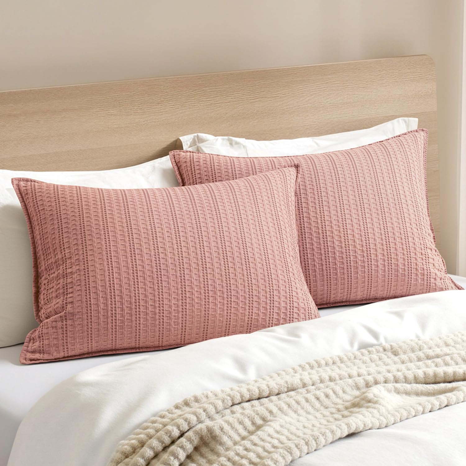 100% Cotton Waffle Pillow Shams Standard Size, 2 Pack 20x26 Decorative Pillow Covers for Bed Couch Sofa, Neutral Weave Cushion Cases Modern Farmhouse Home Decor, Oatmeal