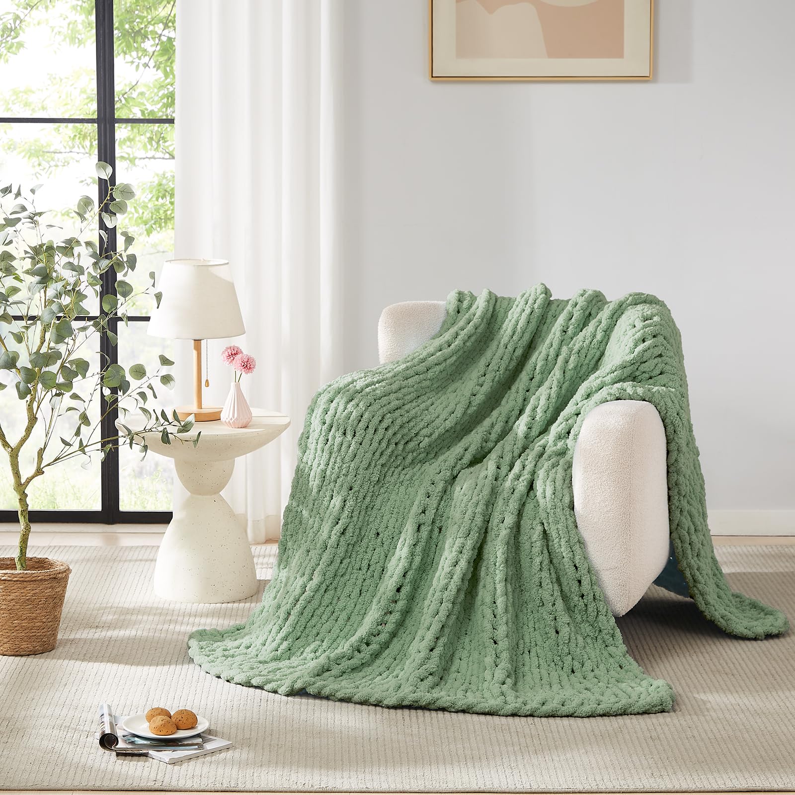 L'AGRATY Chunky Knit Blanket Throw,Soft Chenille Yarn Throw Blanket 50x60，Handmade Cable Knit Crochet Blanket,Large Knit Blankets Chunky Yarn,Rope Knot Throw Blanket for Couch Sofa Bed Home Decor