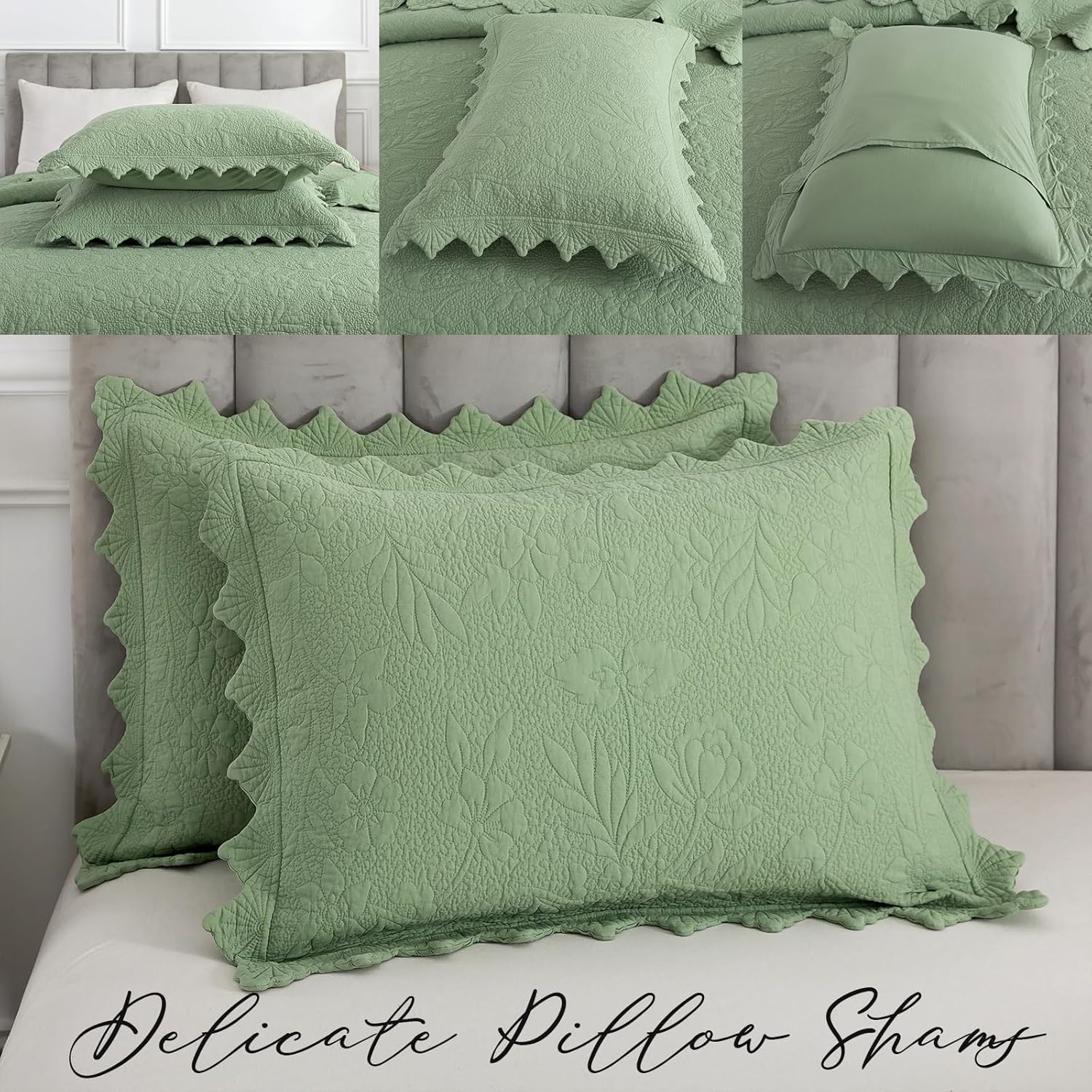 Brandream Standard Size Quilted Pillow Shams Cotton Set of 2 Sage Green Farmhouse Scallop Edge Decorative Pillow Covers